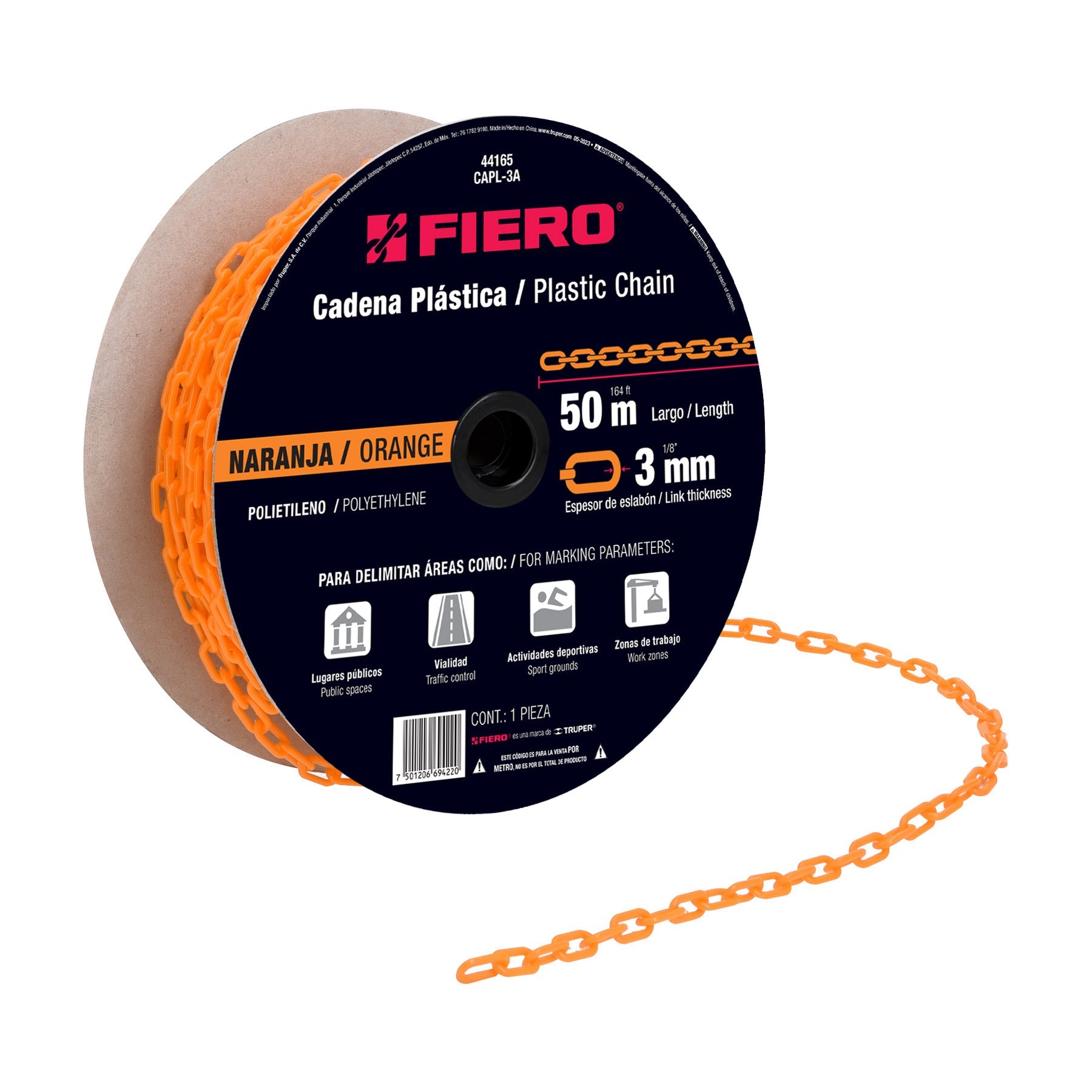 Metro de cadena de 3 mm de plastico naranja, carrete de 50 m