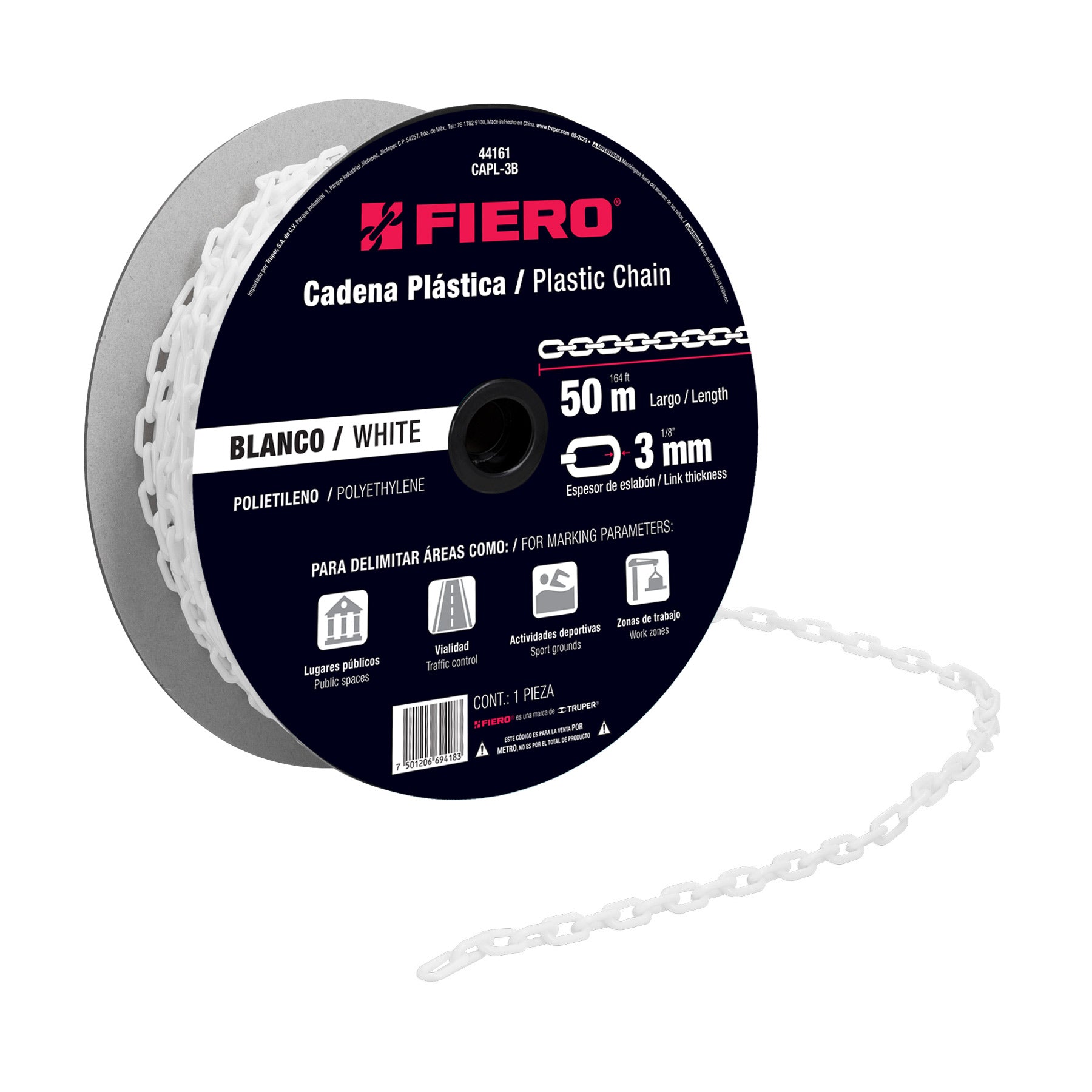 Metro de cadena de 3 mm de plastico blanca, carrete de 50 m
