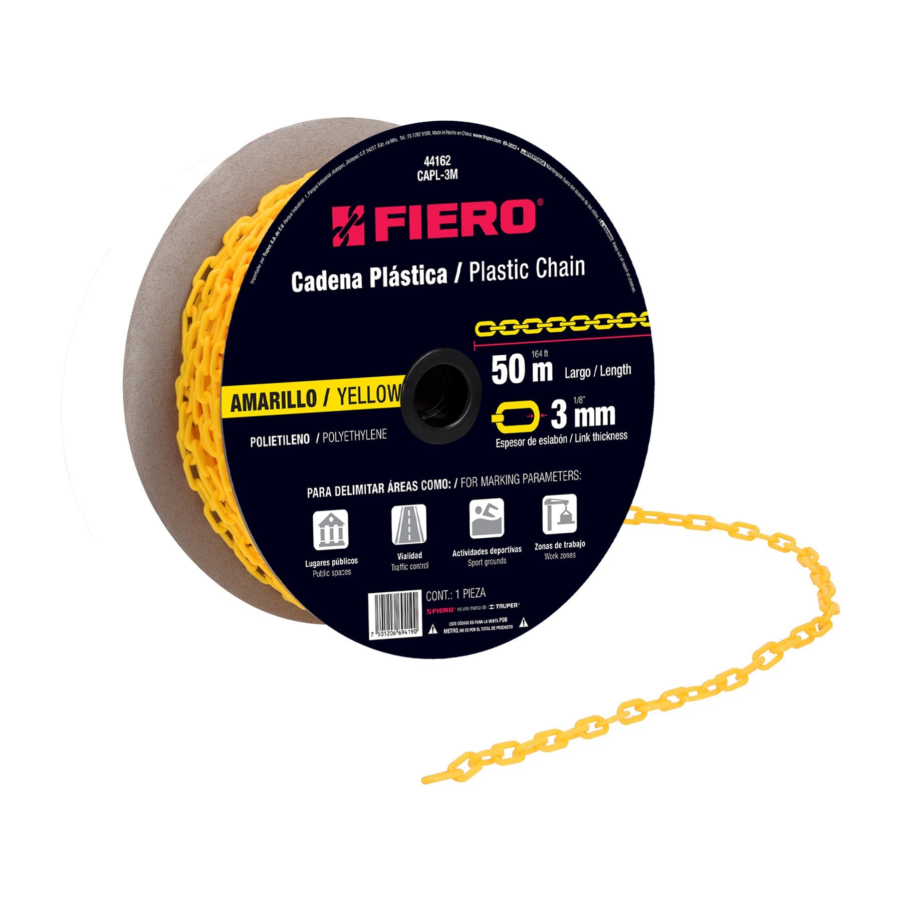 Metro de cadena de 3 mm de plastico amarilla, carrete de 50m
