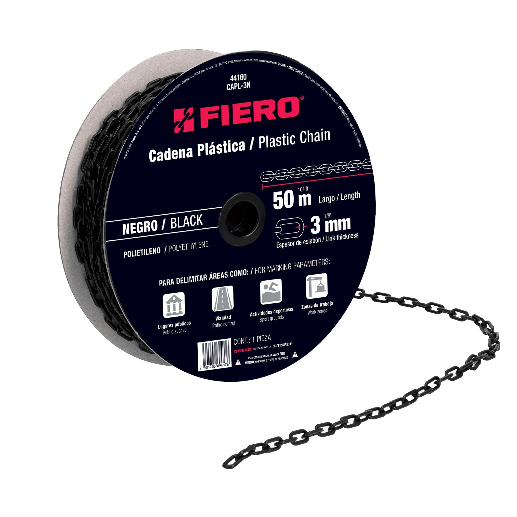 Metro de cadena de 3 mm de plastico negra, carrete de 50 m
