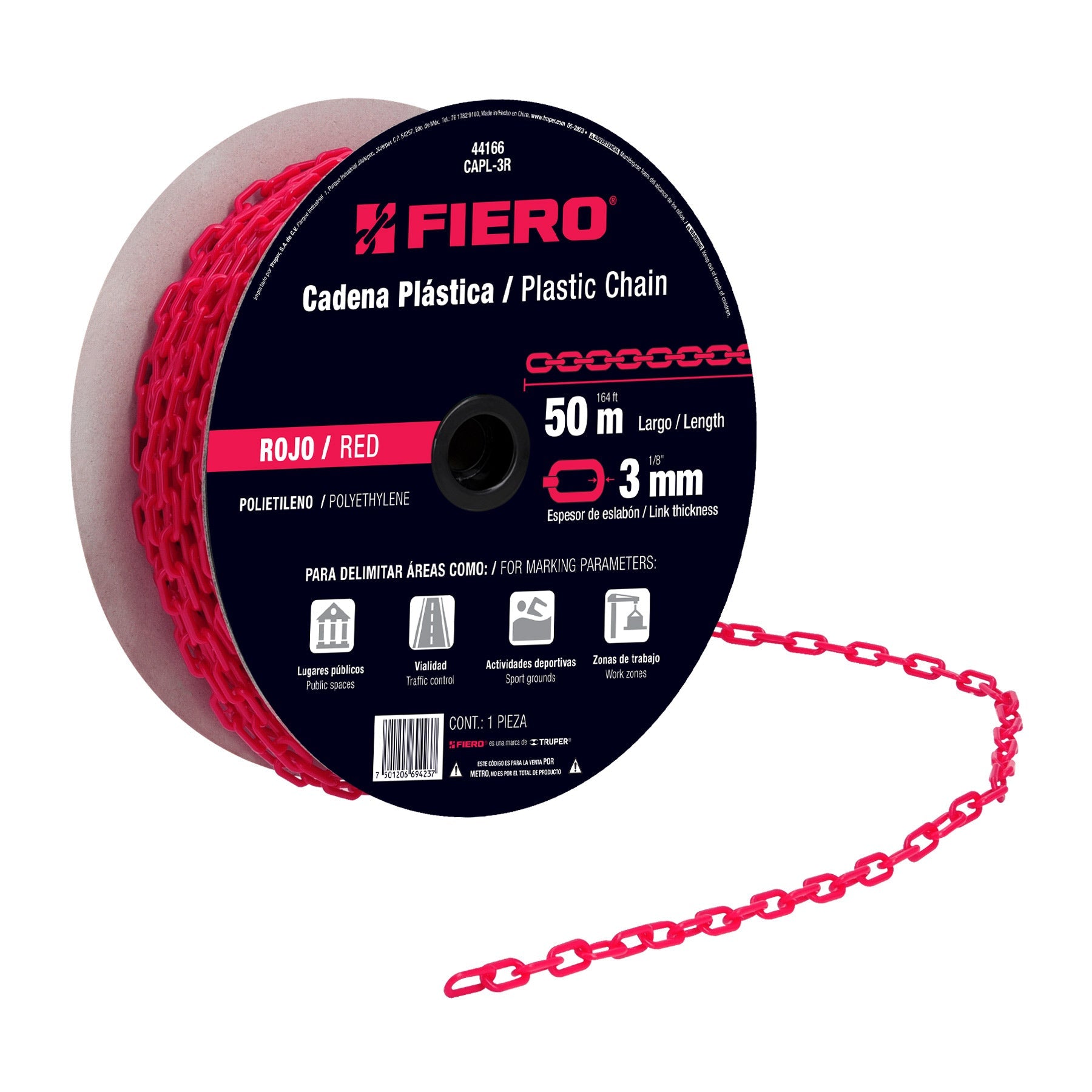 Metro de cadena de 3 mm de plastico roja, carrete de 50 m