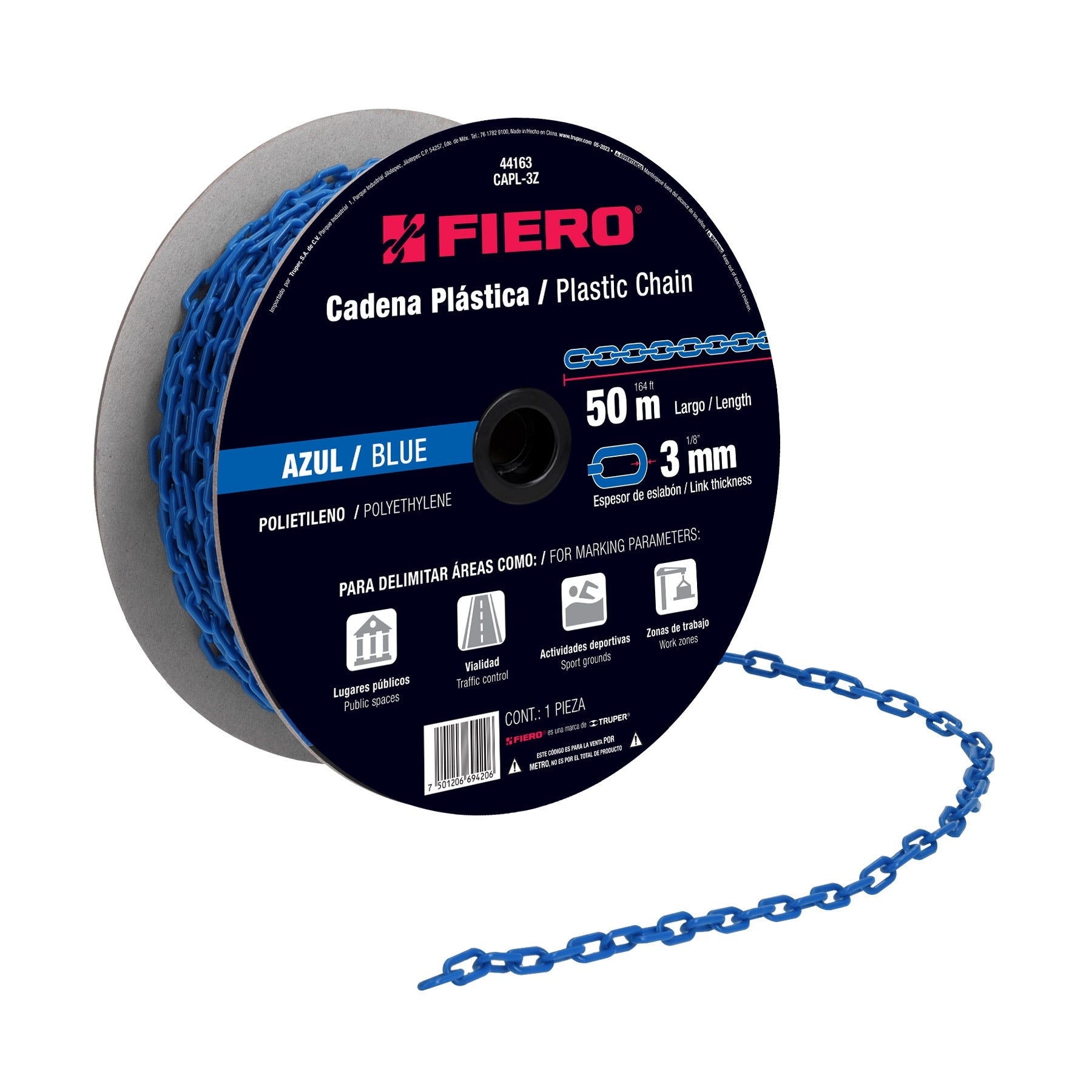 Metro de cadena de 3 mm de plastico azul, carrete de 50 m