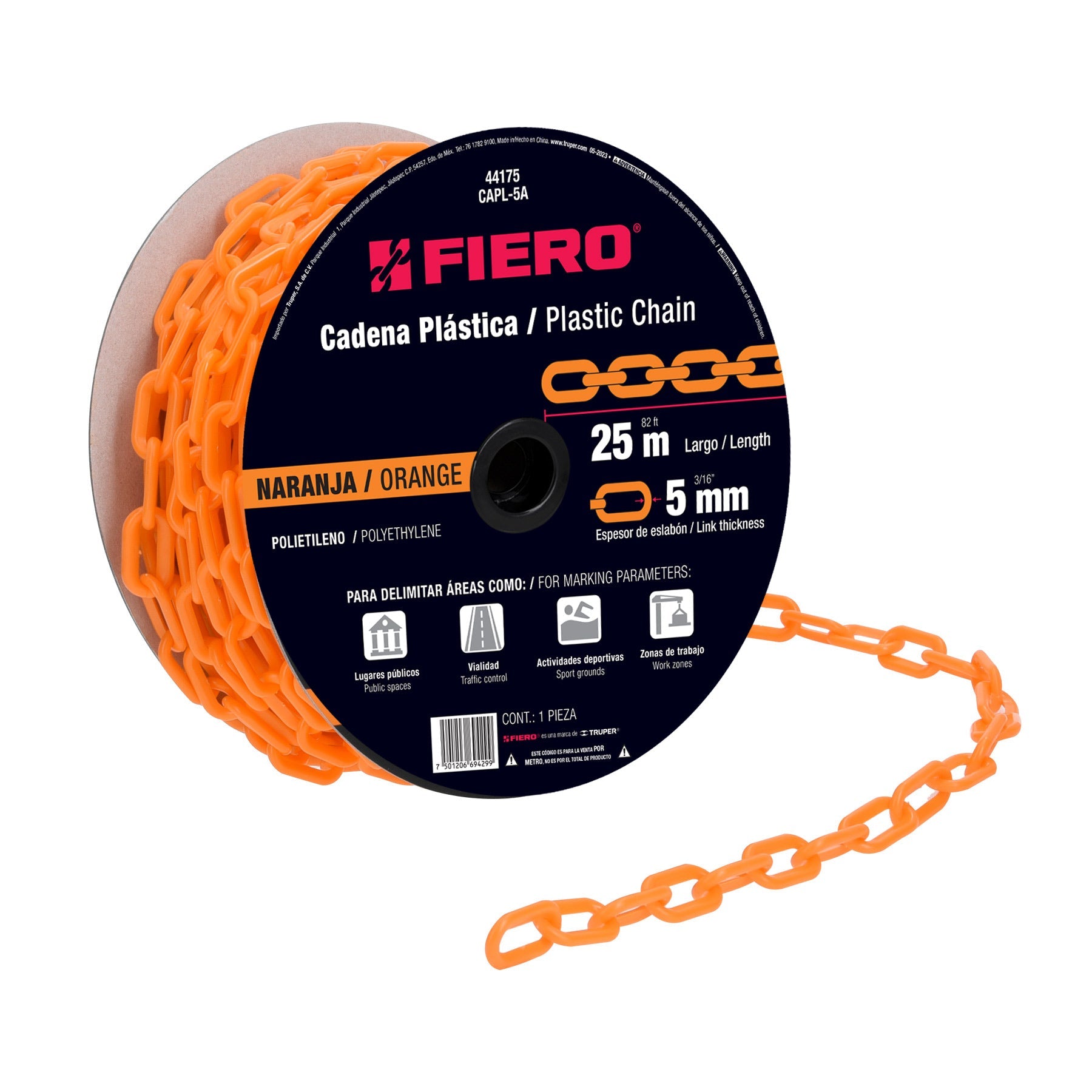 Metro de cadena de 5 mm de plastico naranja, carrete de 25 m