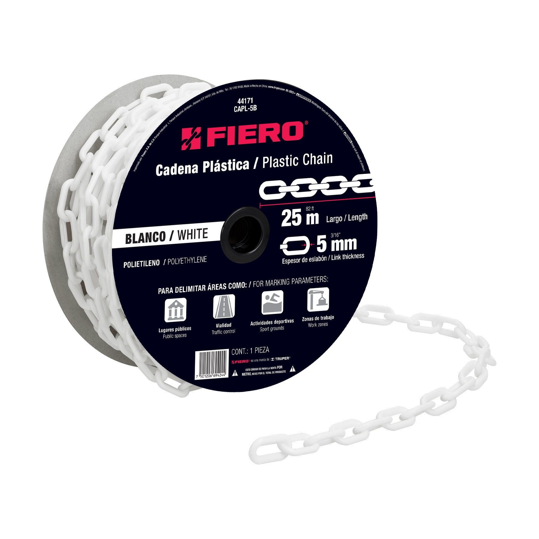 Metro de cadena de 5 mm de plastico blanca, carrete de 25 m