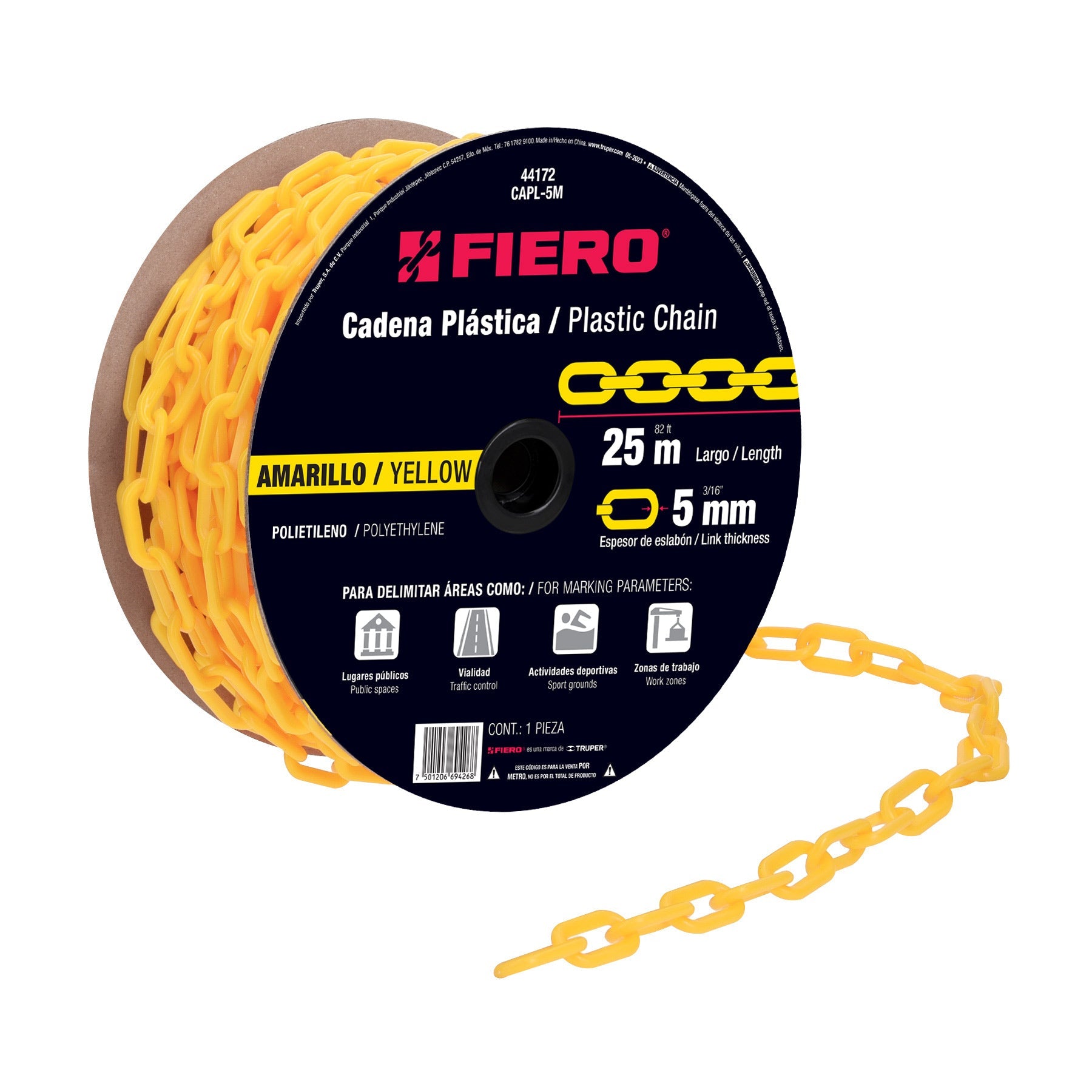 Metro de cadena de 5 mm de plastico amarilla, carrete de 25m