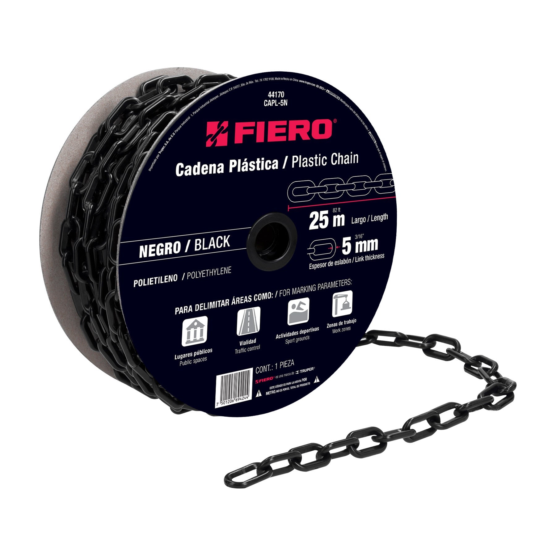 Metro de cadena de 5 mm de plastico negra, carrete de 25 m