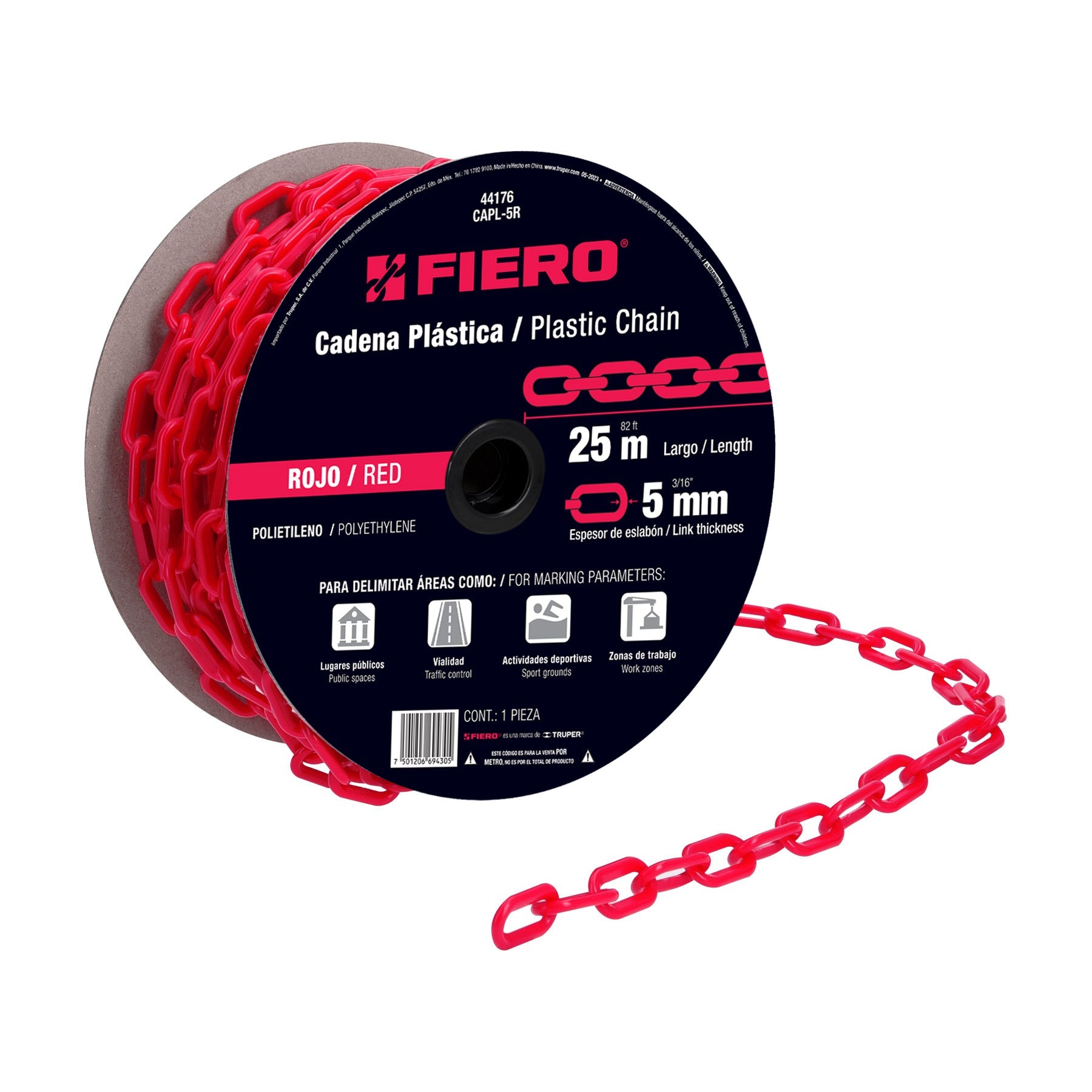 Metro de cadena de 5 mm de plastico roja, carrete de 25 m