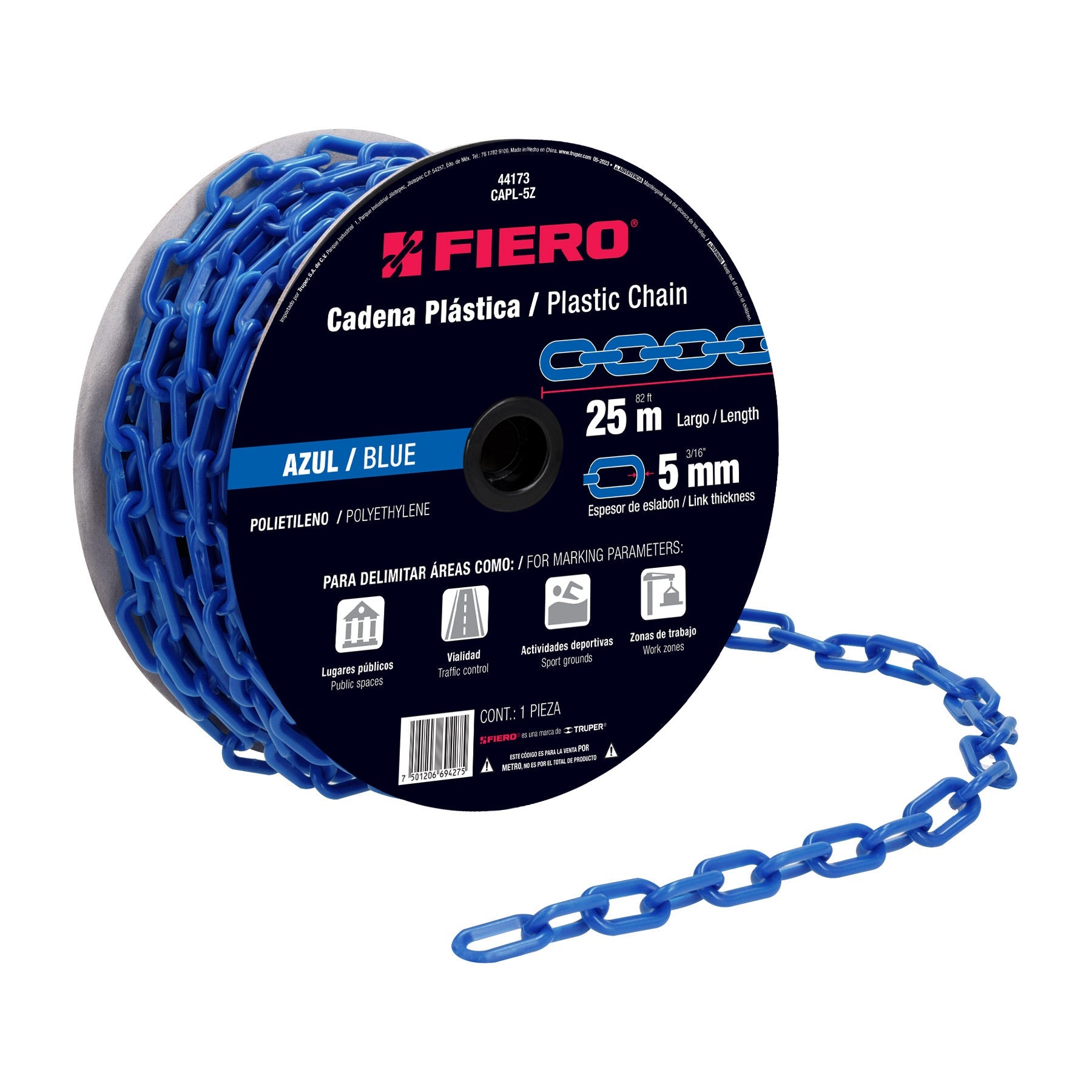 Metro de cadena de 5 mm de plastico azul, carrete de 25 m
