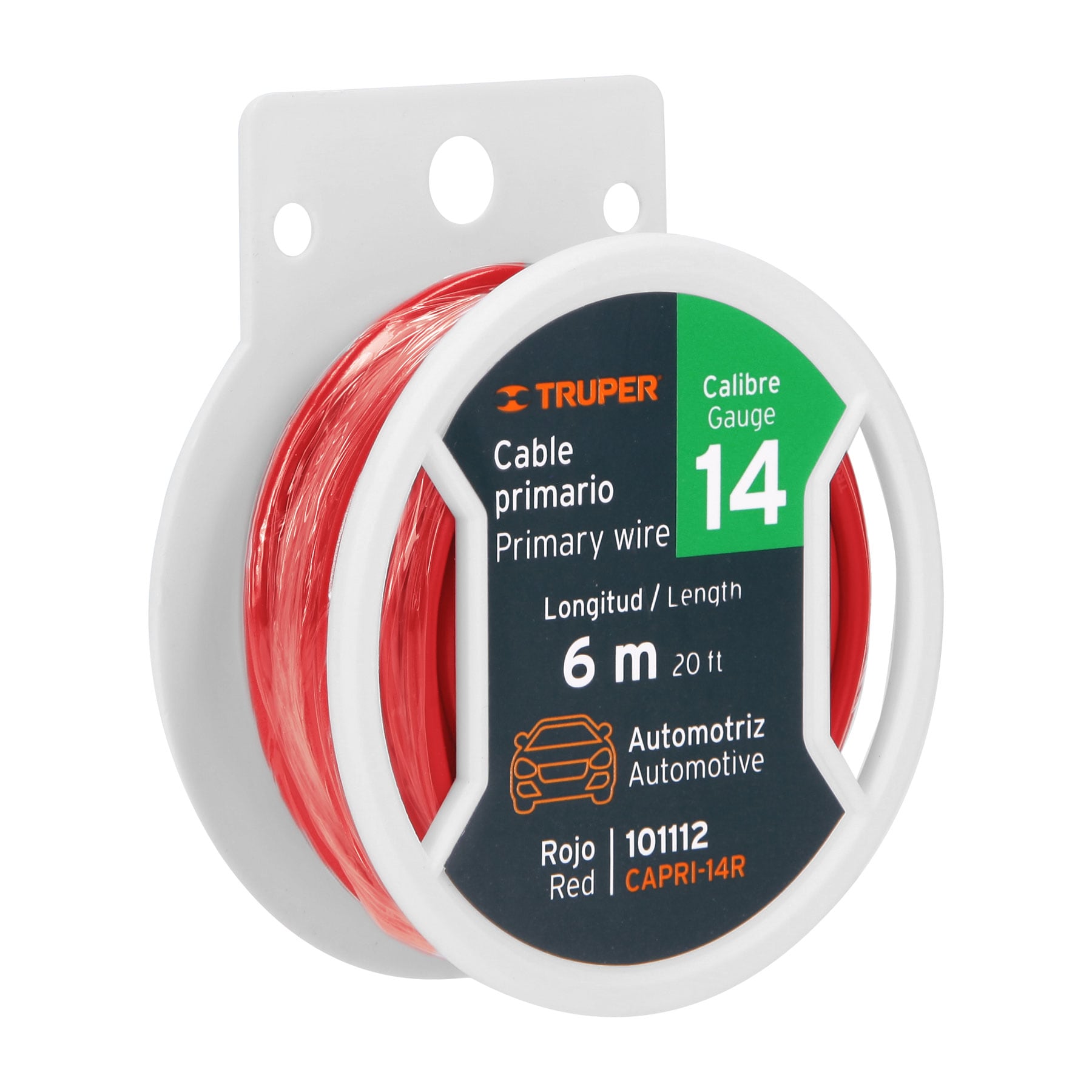 Carrete con 6 m de cable primario rojo calibre 14, Truper