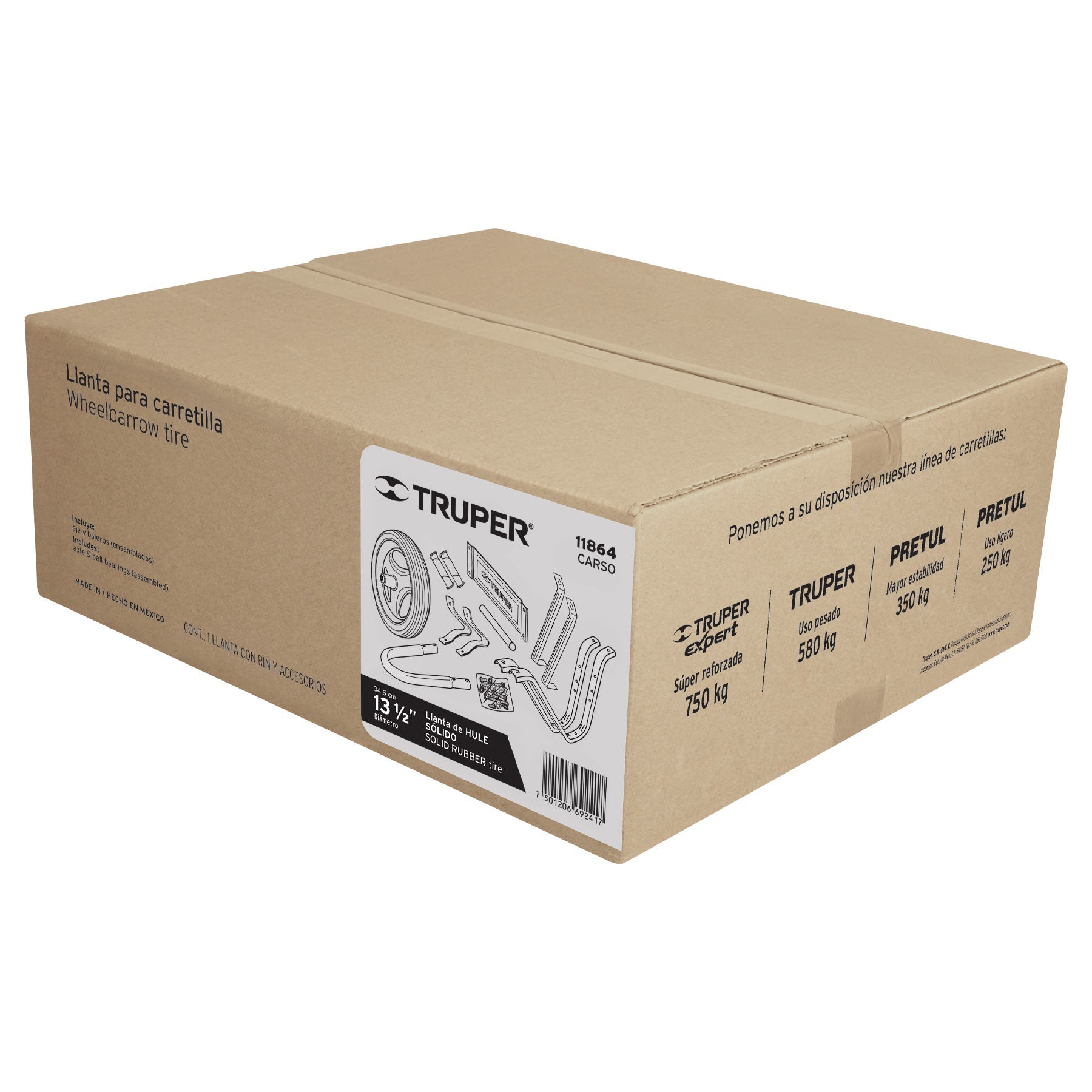 Caja c/llanta hule solido y acc. p/carretilla TRUPER