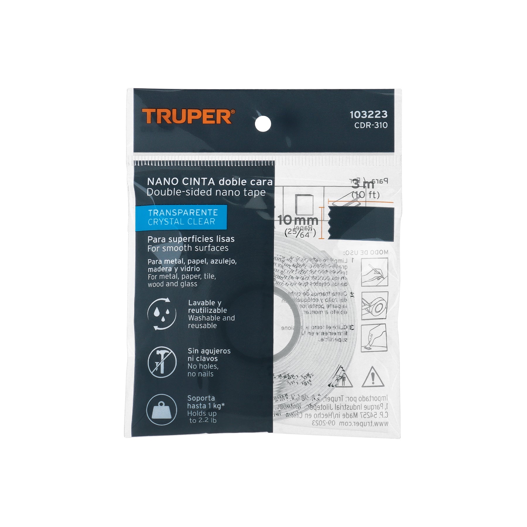 Cinta doble cara reutilizable, transparente 3mx10mm, Truper