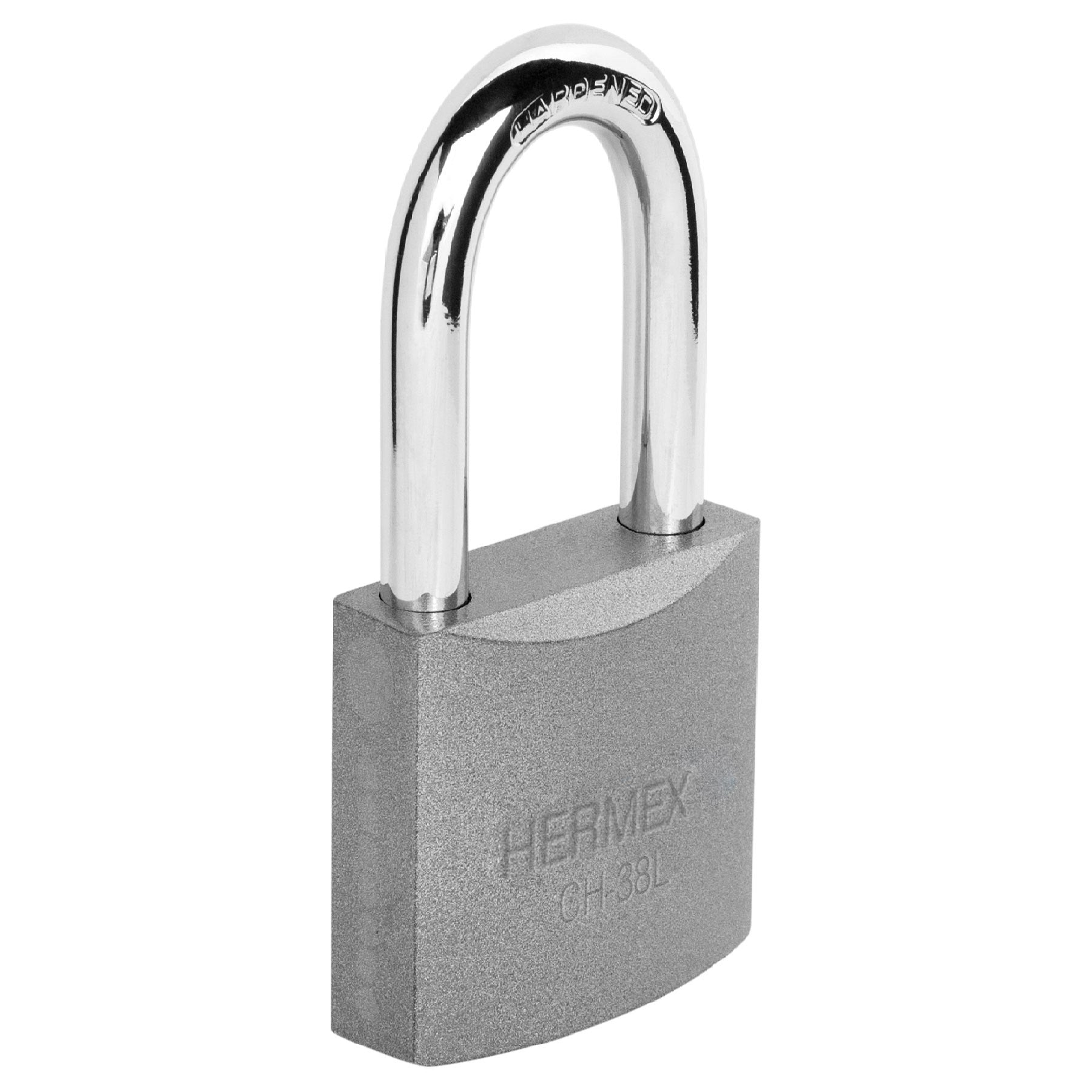Candado de hierro 38 mm gancho largo en caja, HERMEX
