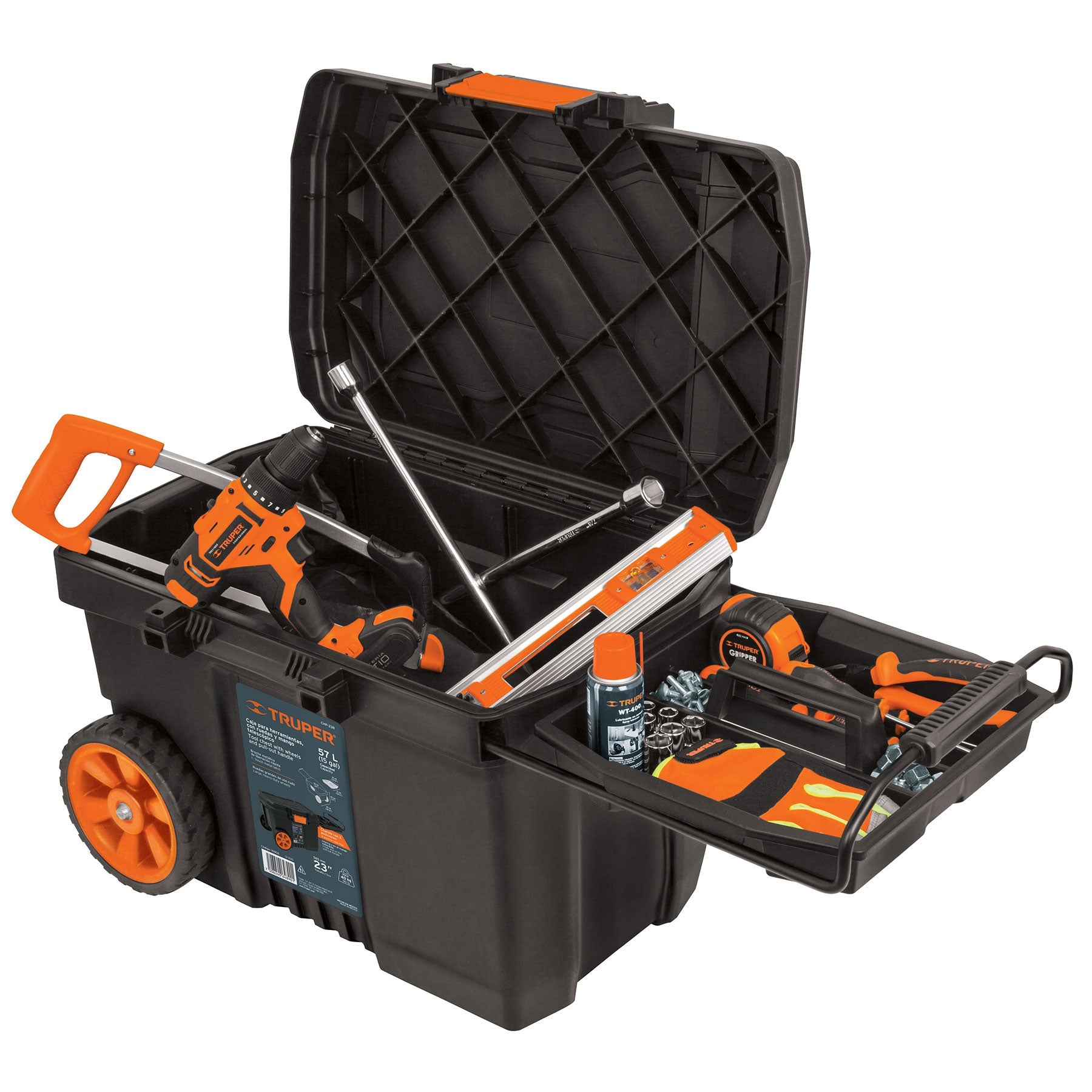 Caja para herramienta, 23'x17' c/ruedas, mango telescopico