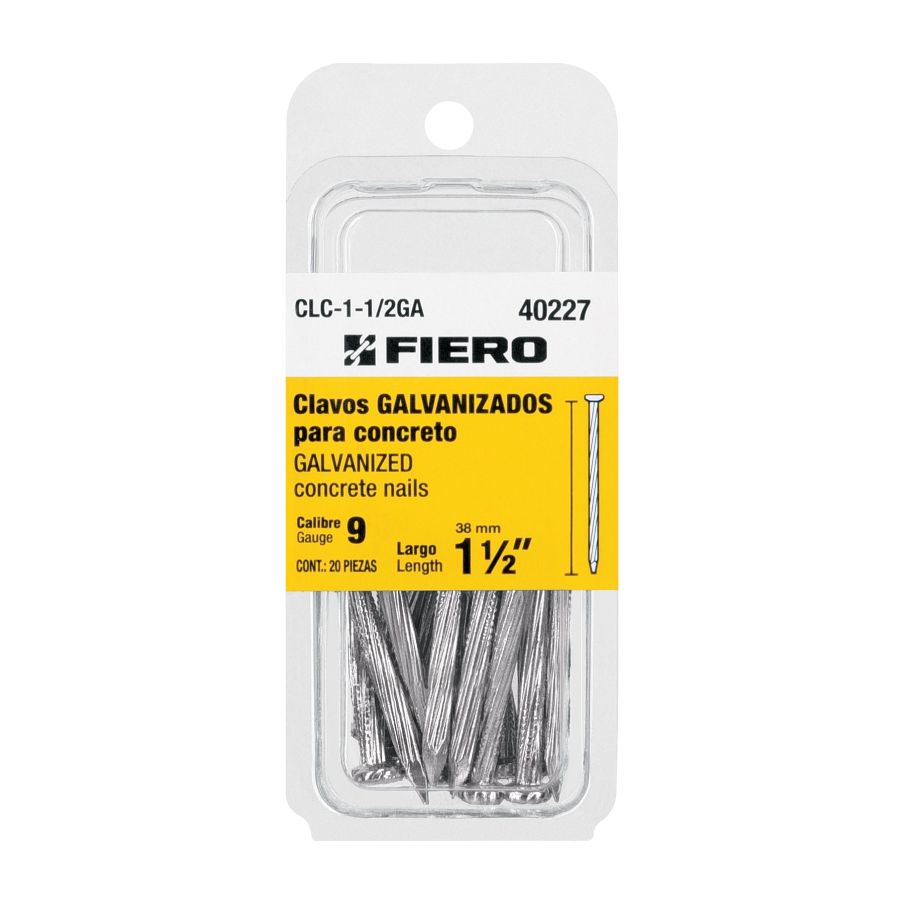 Blister con 20 clavos galvanizados p/concreto 1-1/2', FIERO