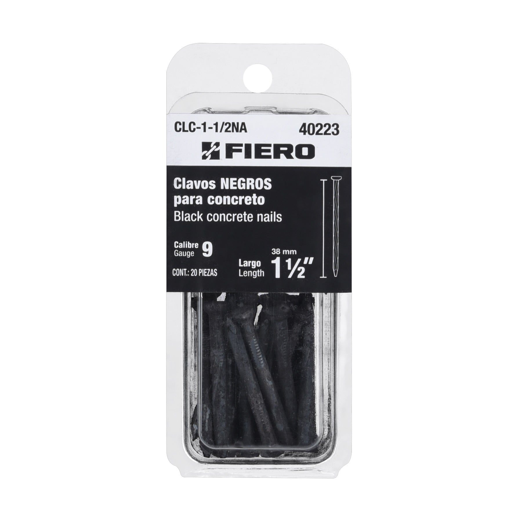Blister con 20 clavos negros para concreto 1-1/2', FIERO