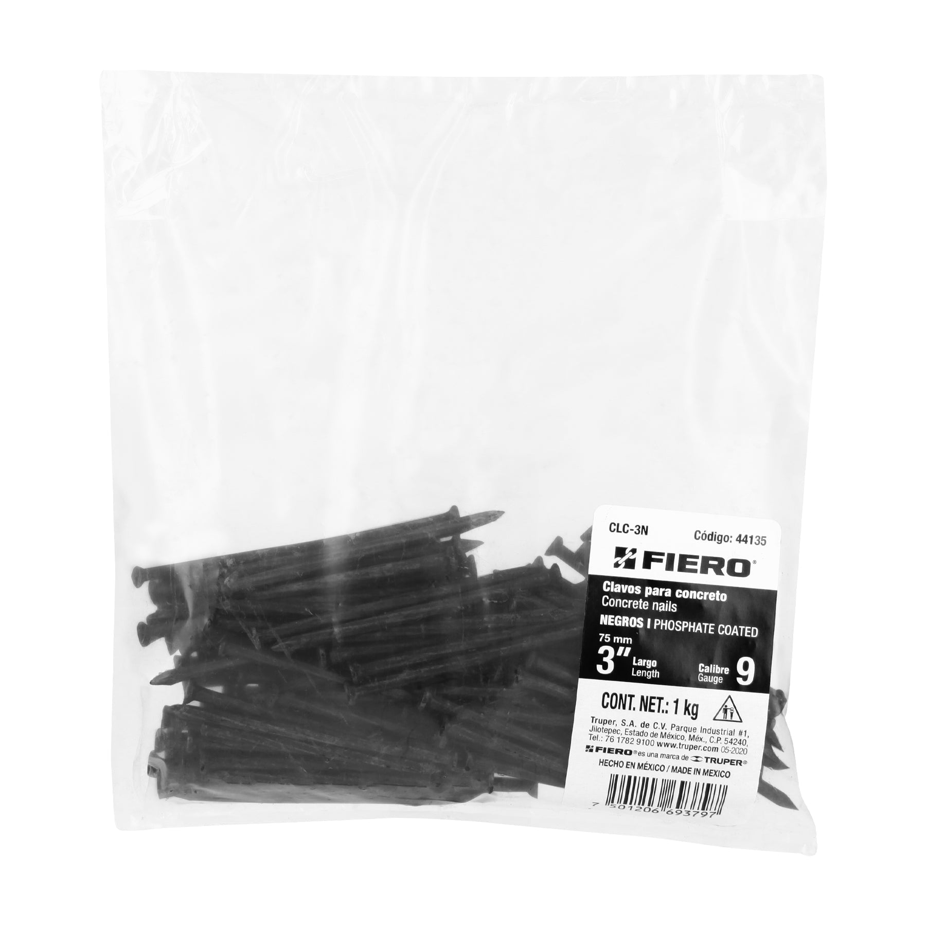 Bolsa con 1 kg de clavos para concreto negros 3', FIERO