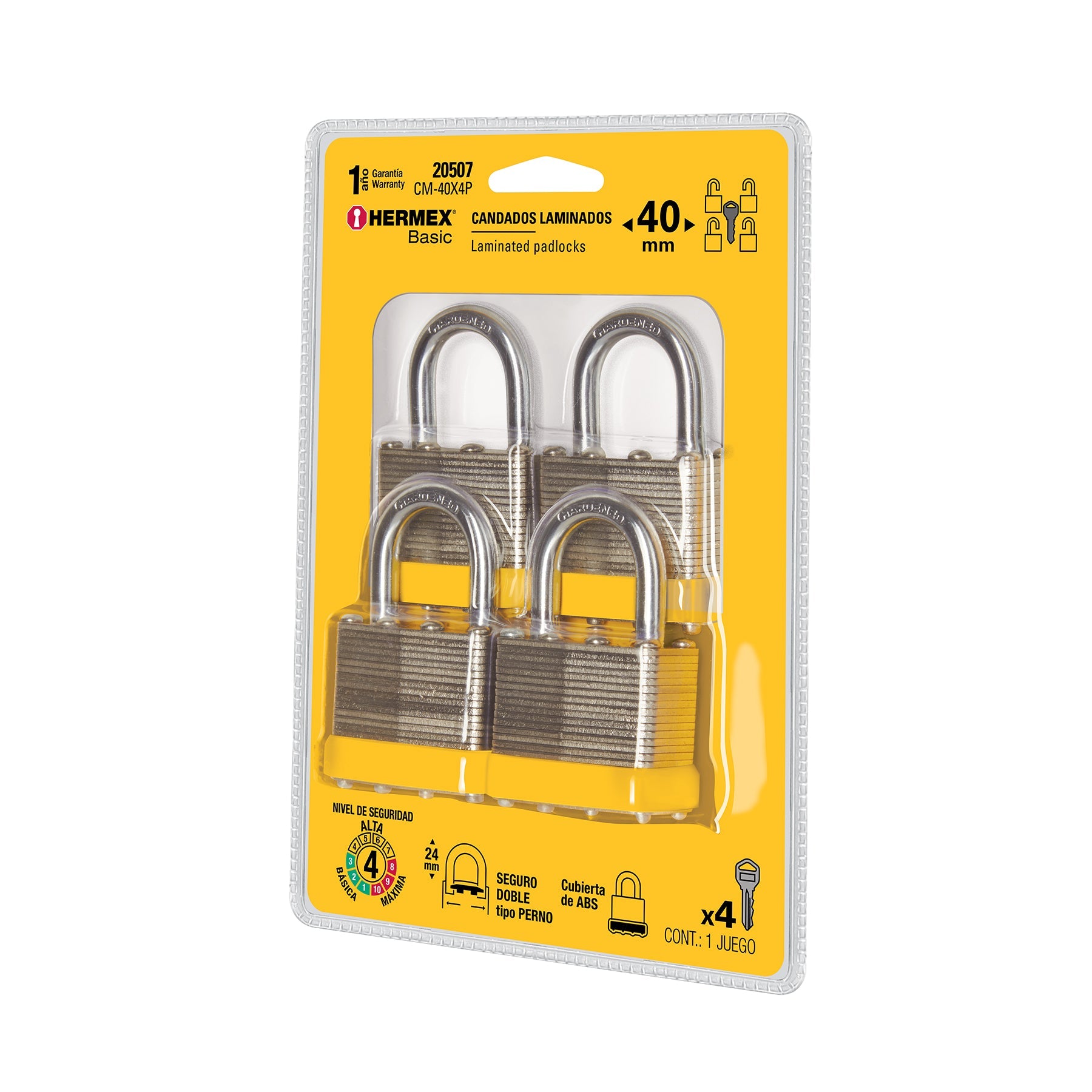 Juego de 4 candados cuerpo laminado, 40 mm, HERMEX BASIC