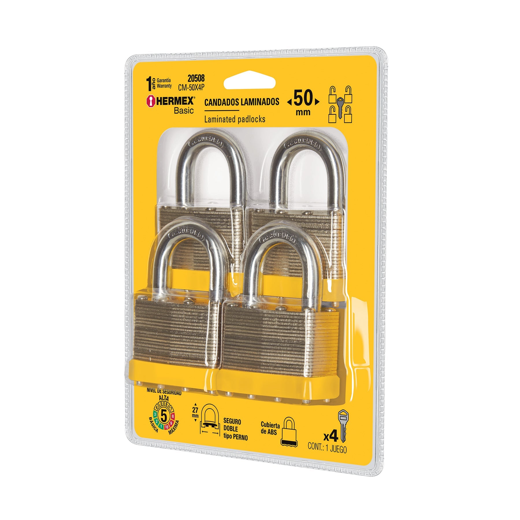 Juego de 4 candados cuerpo laminado, 50 mm, HERMEX BASIC