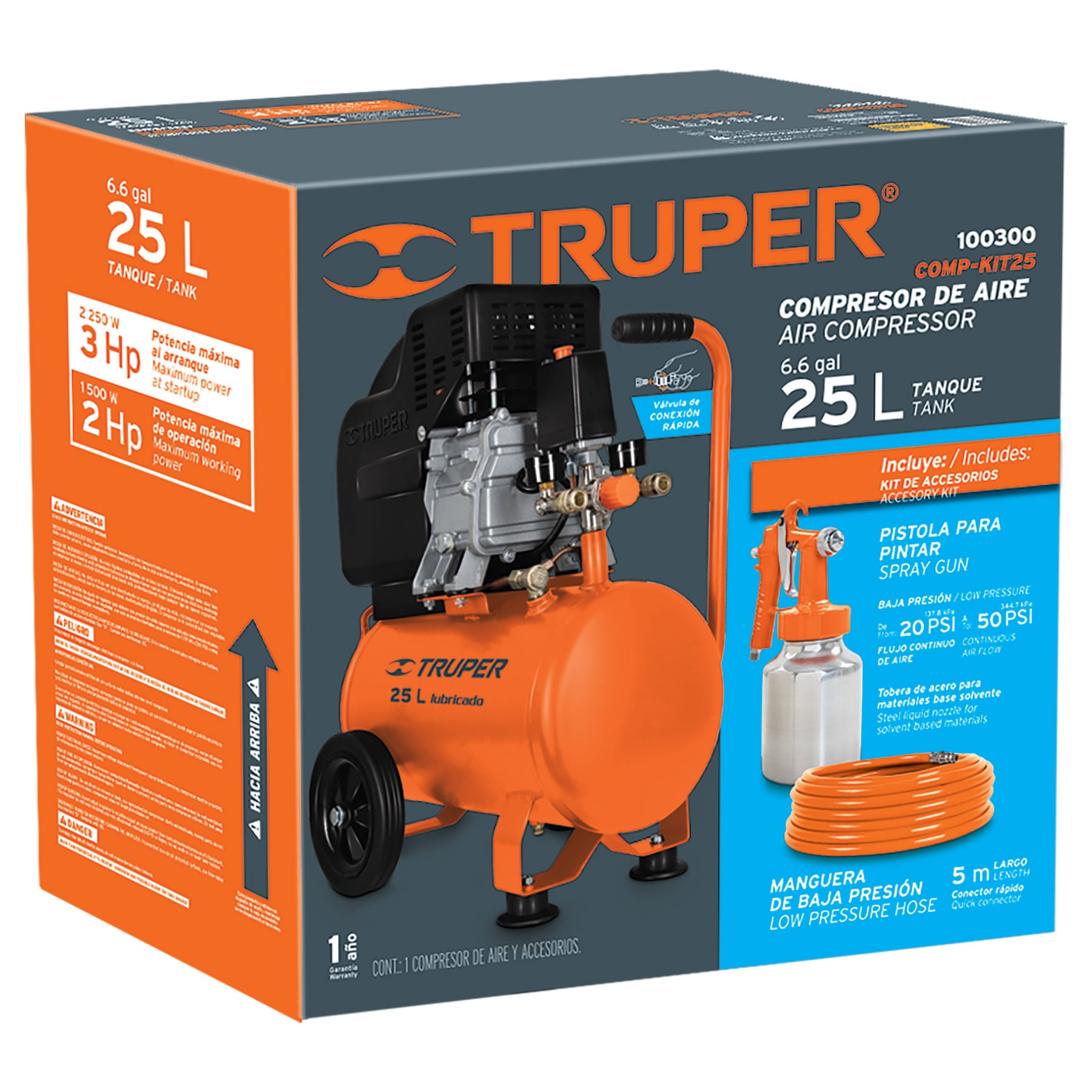 Kit Compresor lub, 25L, manguera y pistola grav,127V, TRUPER
