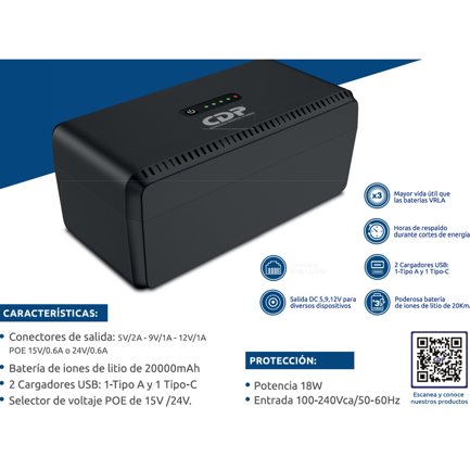 CDP - Mini UPS CDP 20000 mAh Capacidad de 18 Watts con Salida Universal