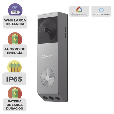 EZVIZ - Doorbell de Batería Recargable con Transformador de 5Vcc o Panel Solar (Incluye Panel) / 3 megapíxel / Doble Lente / Protección IP65 / Audio de Dos Vías