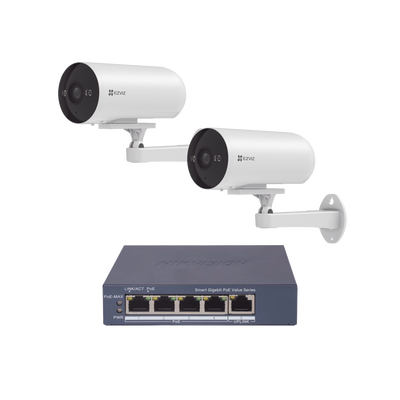 EZVIZ - Kit de cámaras PoE Para Uso en Exterior / PoE Estandar Af / 2 piezas CS-H5/3MP/ 1 Pieza de Switch DS-3E1505P-EI/M / Vision Nocturna a Color / IP67 / Audio Bidireccional / Luz y Sirena / 4 Puertos 1000 Mbps PoE+ / 1 Puerto 1000 Mbps Uplink