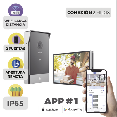 EZVIZ - Videoportero IP Conexión a 2 Hilos / Con Monitor Wi-Fi para Interior / Frente de Calle  IP65 Uso En Exterior Debe Tener Protección / Cámara 3 Megapíxel / Llamada a la App / Apertura remota  / Apertura de 1 Puerta y un 1 Porton