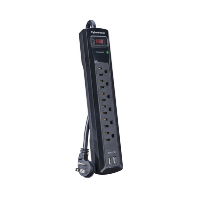 CYBERPOWER - Multicontacto Con Supresor de Picos, Voltaje de Entrada 125 Vca NEMA 5-15P, Con 6 Salidas NEMA 5-15R, 2 Puertos de Carga USB, 1200 Joules