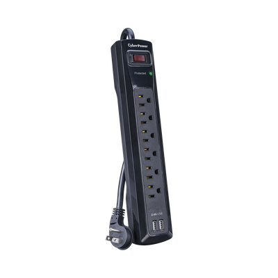 CYBERPOWER - Multicontacto Con Supresor de Picos, Voltaje de Entrada 125 Vca NEMA 5-15P, Con 6 Salidas NEMA 5-15R, 2 Puertos de Carga USB, 1200 Joules