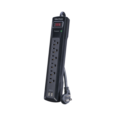 CYBERPOWER - Multicontacto Con Supresor de Picos, Voltaje de Entrada 125 Vca NEMA 5-15P, Con 6 Salidas NEMA 5-15R, 2 Puertos de Carga USB, 1200 Joules