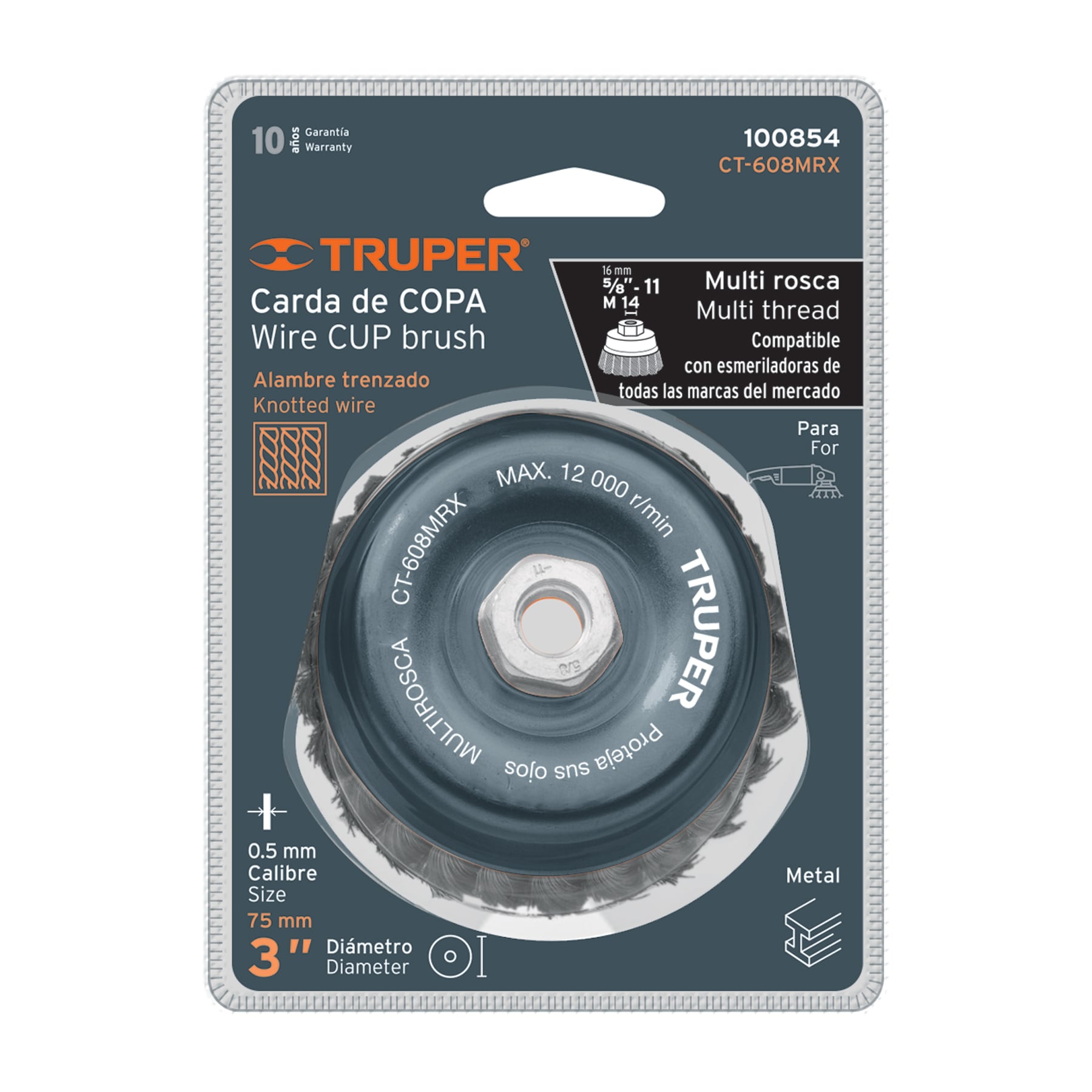 Carda copa 3' alambre trenzado fino, Multi-rosca, Truper