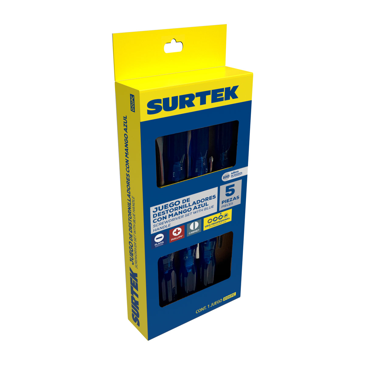 Surtek - Juego de destornilladores con mango azul combinados, 5 piezas en caja