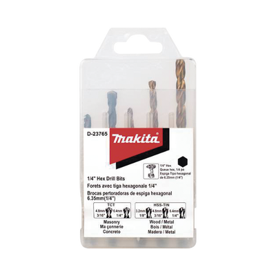 MAKITA - Juego de 5 Brocas con Inserción Hexagonal de 1/4". De concreto: 3/16" y 1/4". Para metal: 1/8", 3/16" y 1/4".