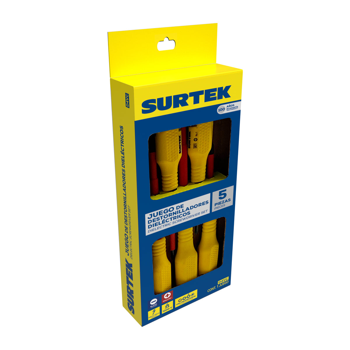 Surtek - Juego de destornilladores con mango amarillo dieléctricos 10 00 V combinados, 5 piezas con caja