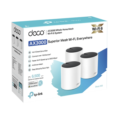 TP-LINK - Kit 3 Routers Inalámbricos MESH Interior para Hogar / Doble Banda Wi-Fi 6 AX3000 Mbps / 3 Puerto Gigabit WAN/LAN / 2 Antenas Internas / Administración Mediante la App Deco (iOS, Android) / Protección HomeShield