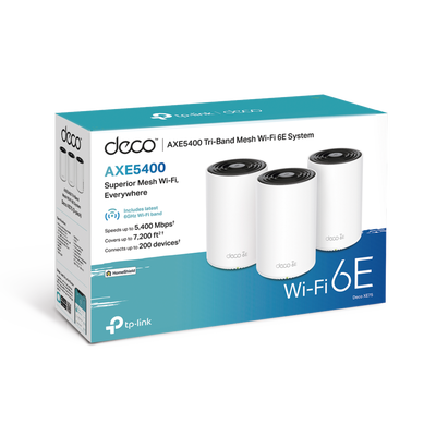 TP-LINK - Kit 3 Routers Inalámbricos MESH Interior para Hogar / Doble Banda Wi-Fi 6E AX5400 Mbps / 3 Puerto Gigabit WAN/LAN / 4 Antenas Internas / Administración Mediante la App Deco (iOS, Android) / Protección HomeShield