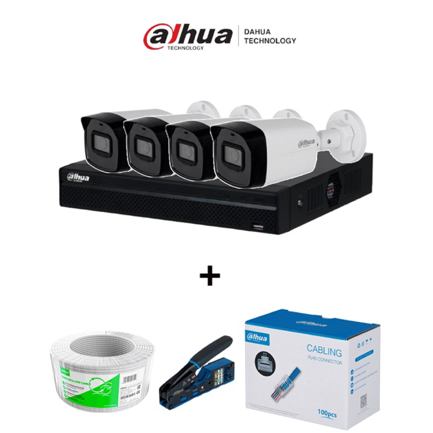 DAHUA - Kit de Videovigilancia NVR 4 Canales con 4 Cámaras IP 2MP incluye Bobina de 100m 100 Conectores y Pinza de Corte