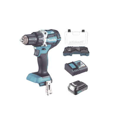 MAKITA - Rotomartillo/Taladro Inalámbrico (1/2") de 1,900 RPM, 18Vcc, Incluye 1 Batería BL1815N de 1.5Ah, 1 Cargador Modelo  DC18SD y Un Set de 75 Pzas  Modelo E-06943