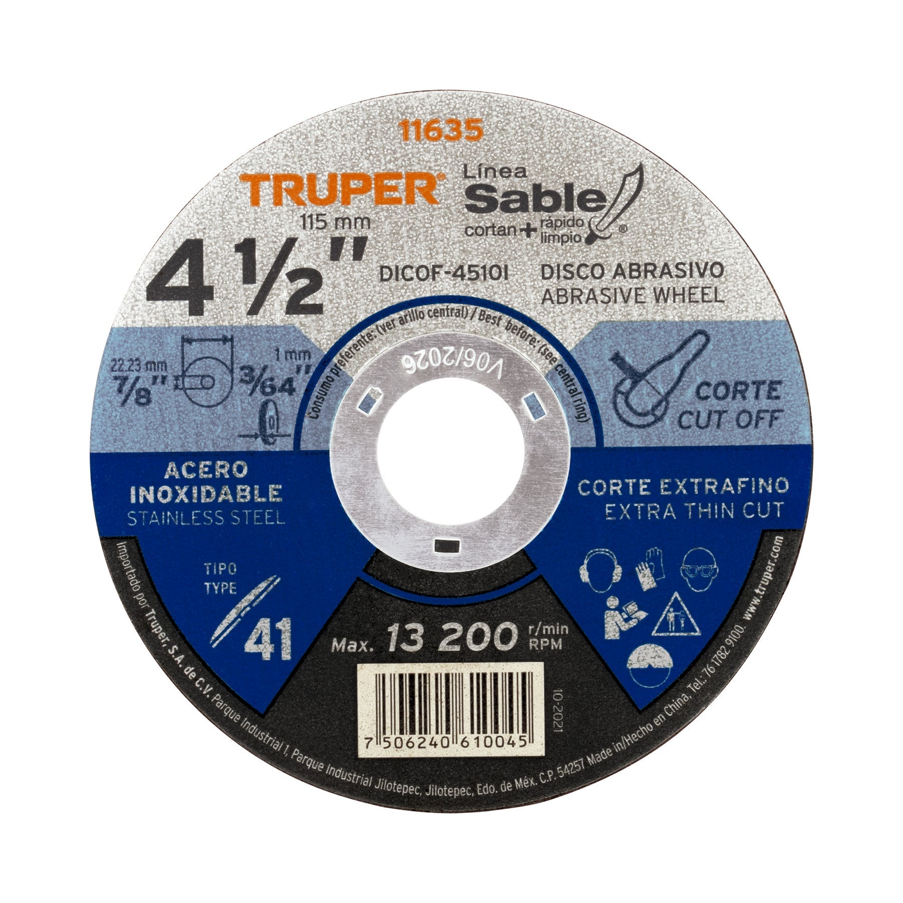 Disco Tipo 41 de 4-1/2' x 1 mm corte fino acero inox, Sable