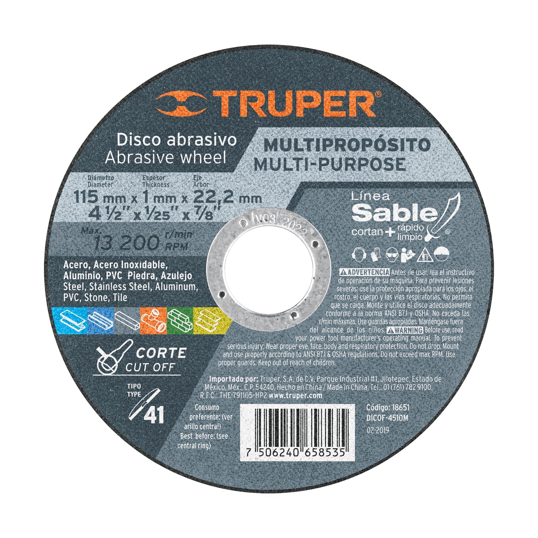 Disco Tipo 41 de 4-1/2' x 1 mm corte multimaterial, Sable