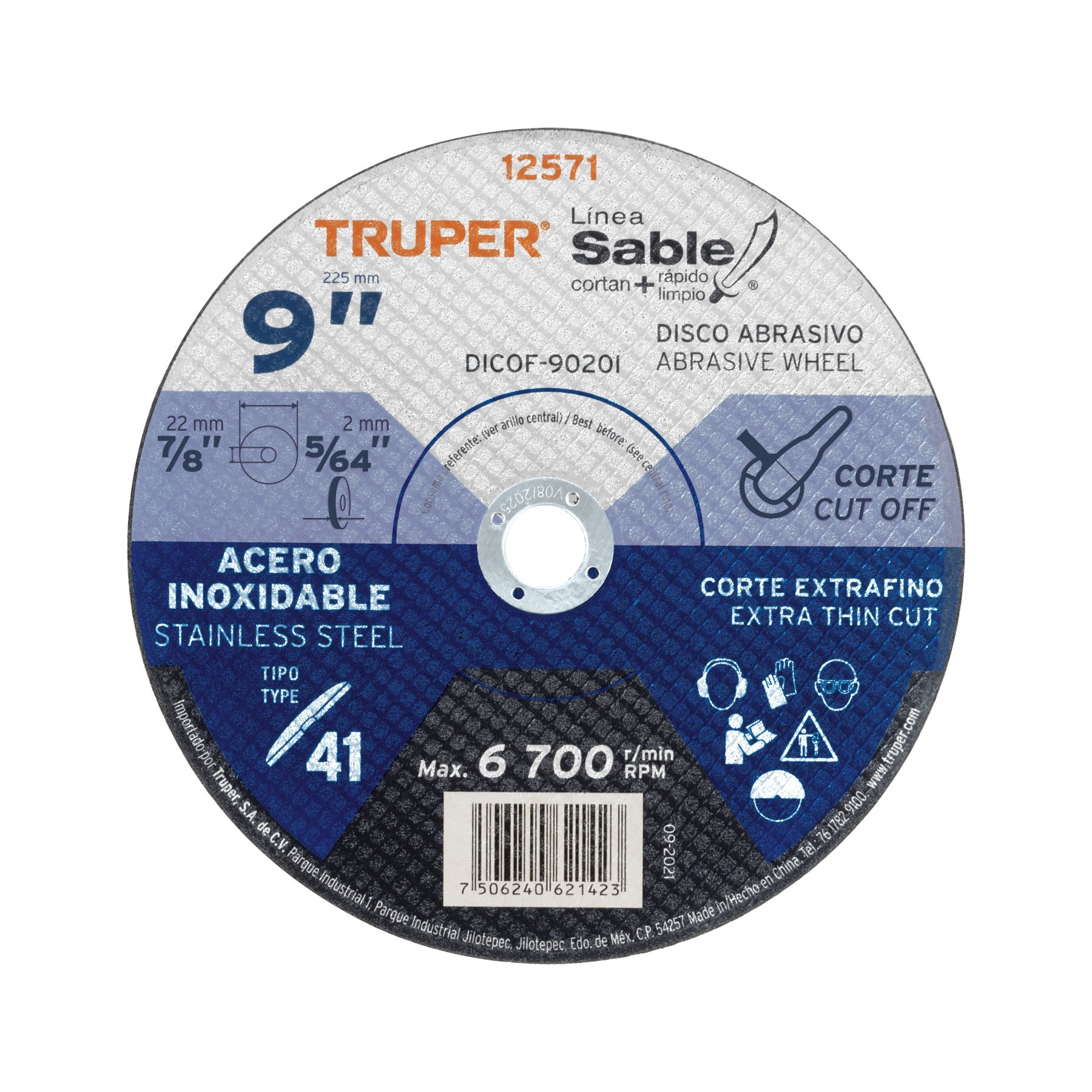 Disco Tipo 41 de 9' x 2 mm corte fino acero inox, Sable