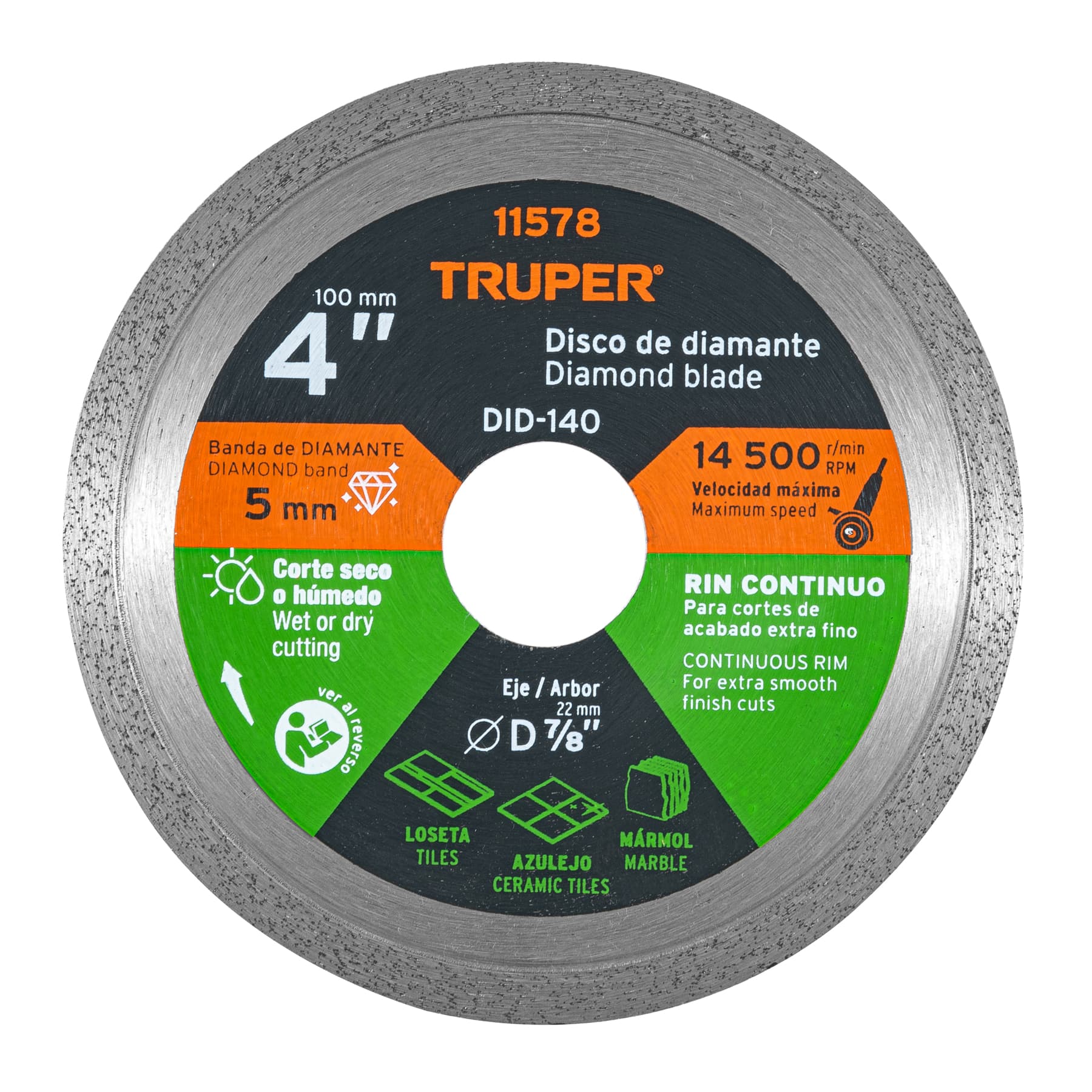 Disco de diamante de 4' x 1.6 mm, rin continuo, TRUPER