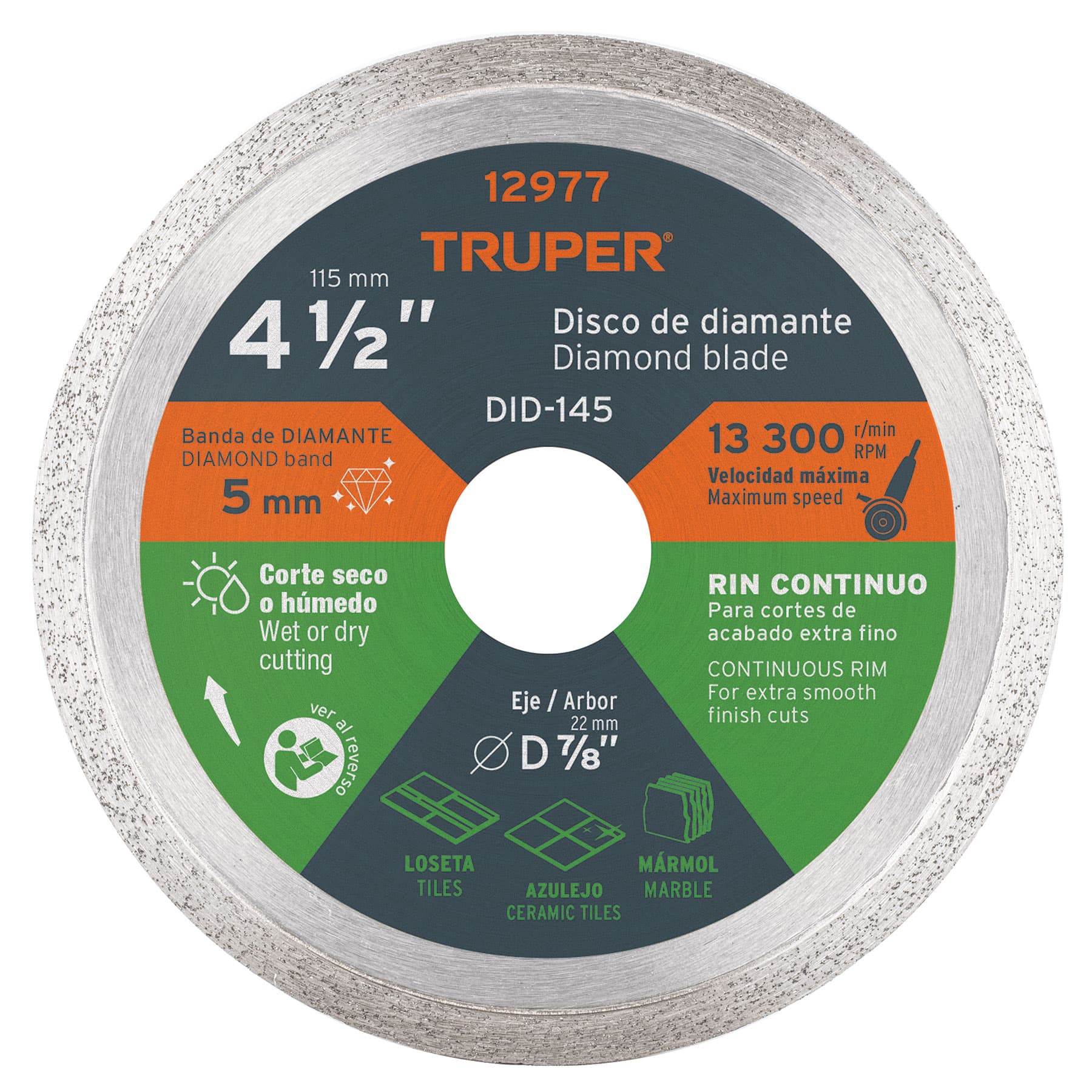 Disco de diamante de 4-1/2' x 1.6 mm, rin continuo, TRUPER