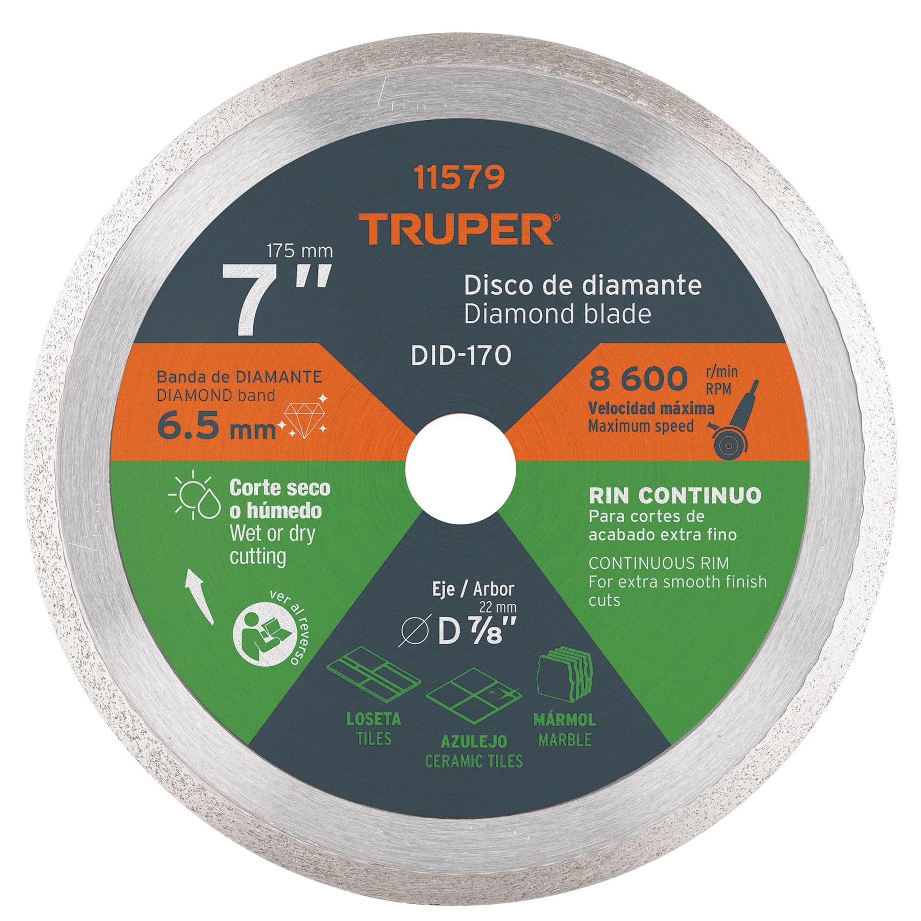 Disco de diamante de 7' x 2.2 mm, rin continuo, TRUPER
