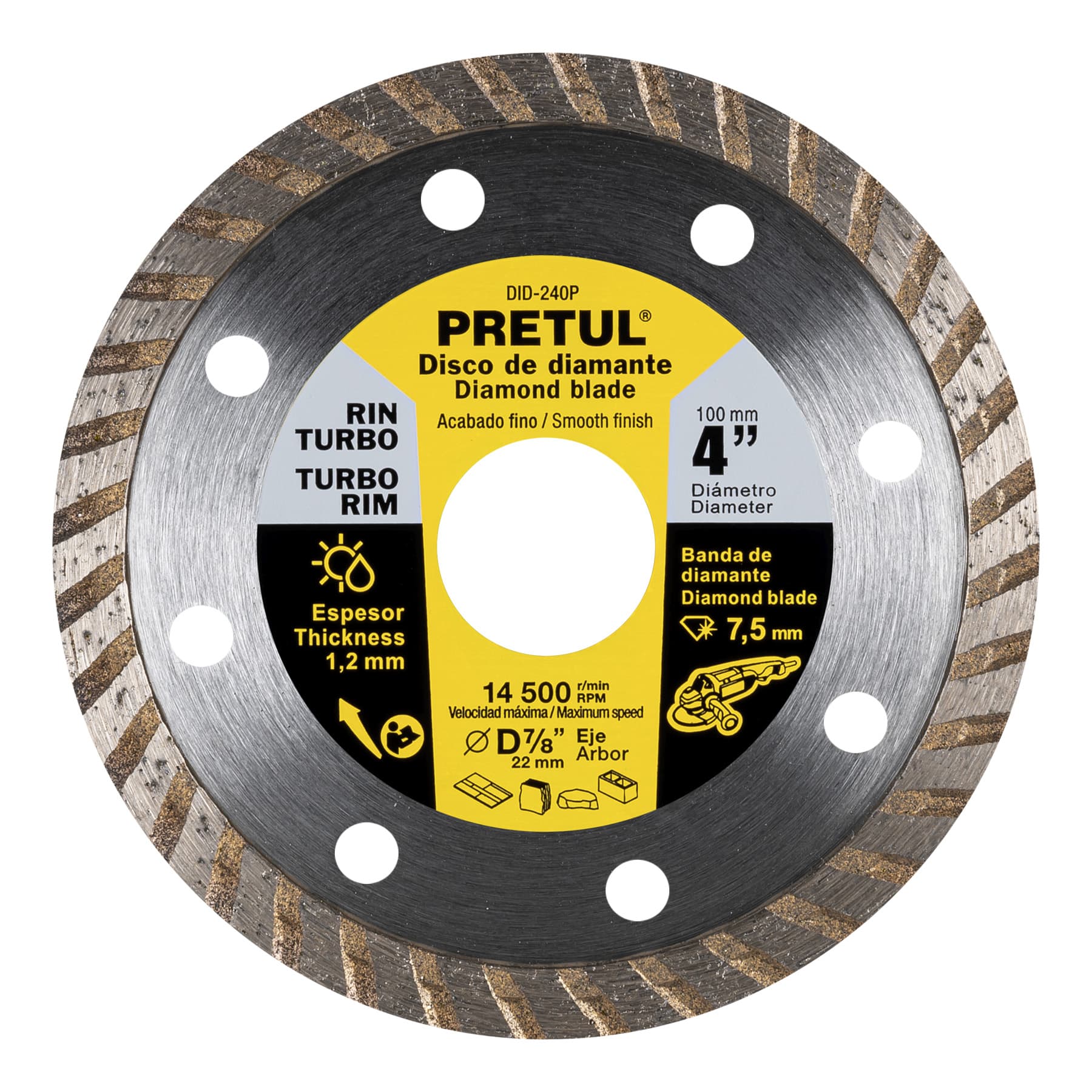 Disco de diamante de 4' x 1.2 mm, rin turbo, PRETUL