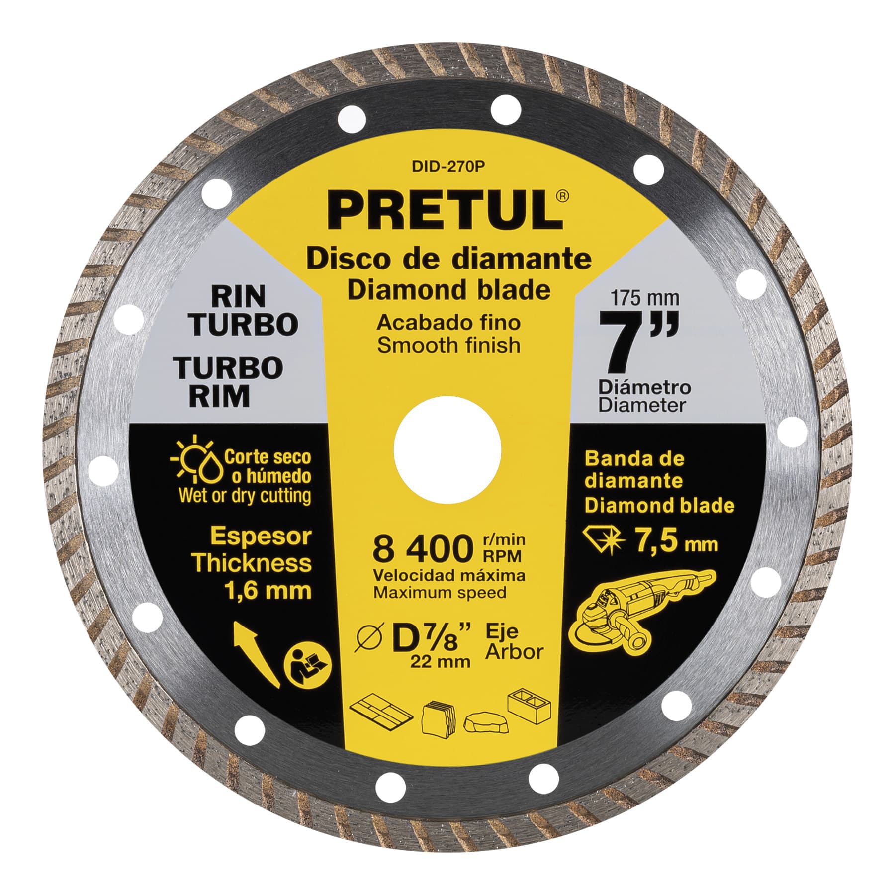 Disco de diamante de 7' x 1.6 mm, rin turbo, PRETUL
