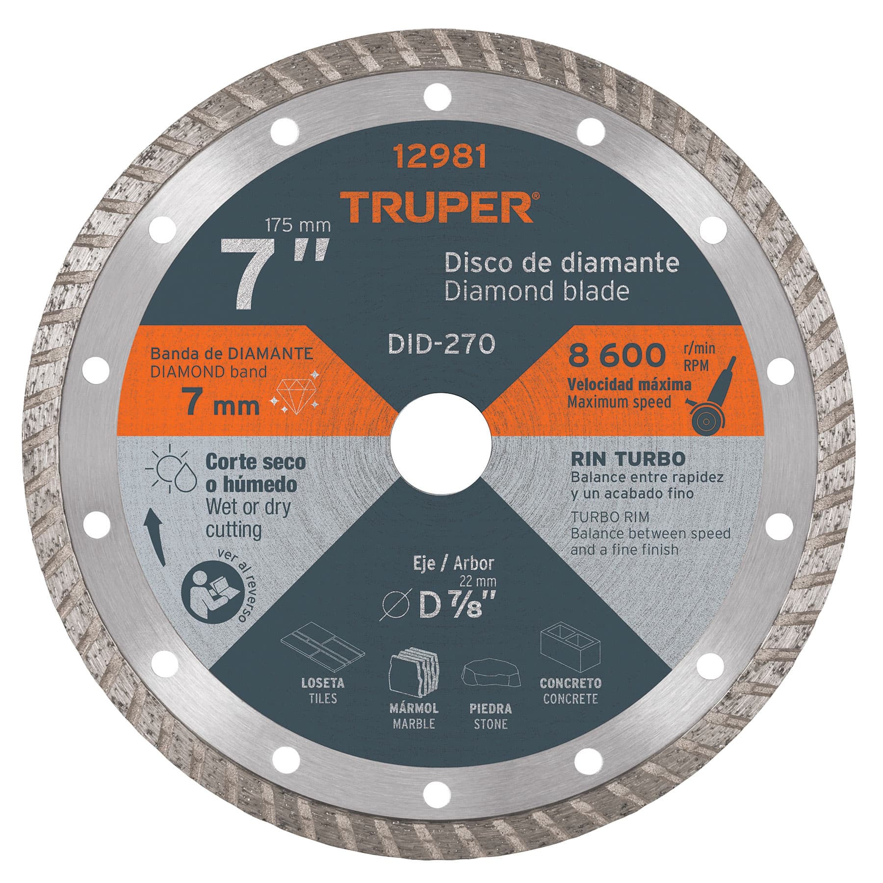 Disco de diamante de 7' x 2.8 mm, rin turbo, TRUPER