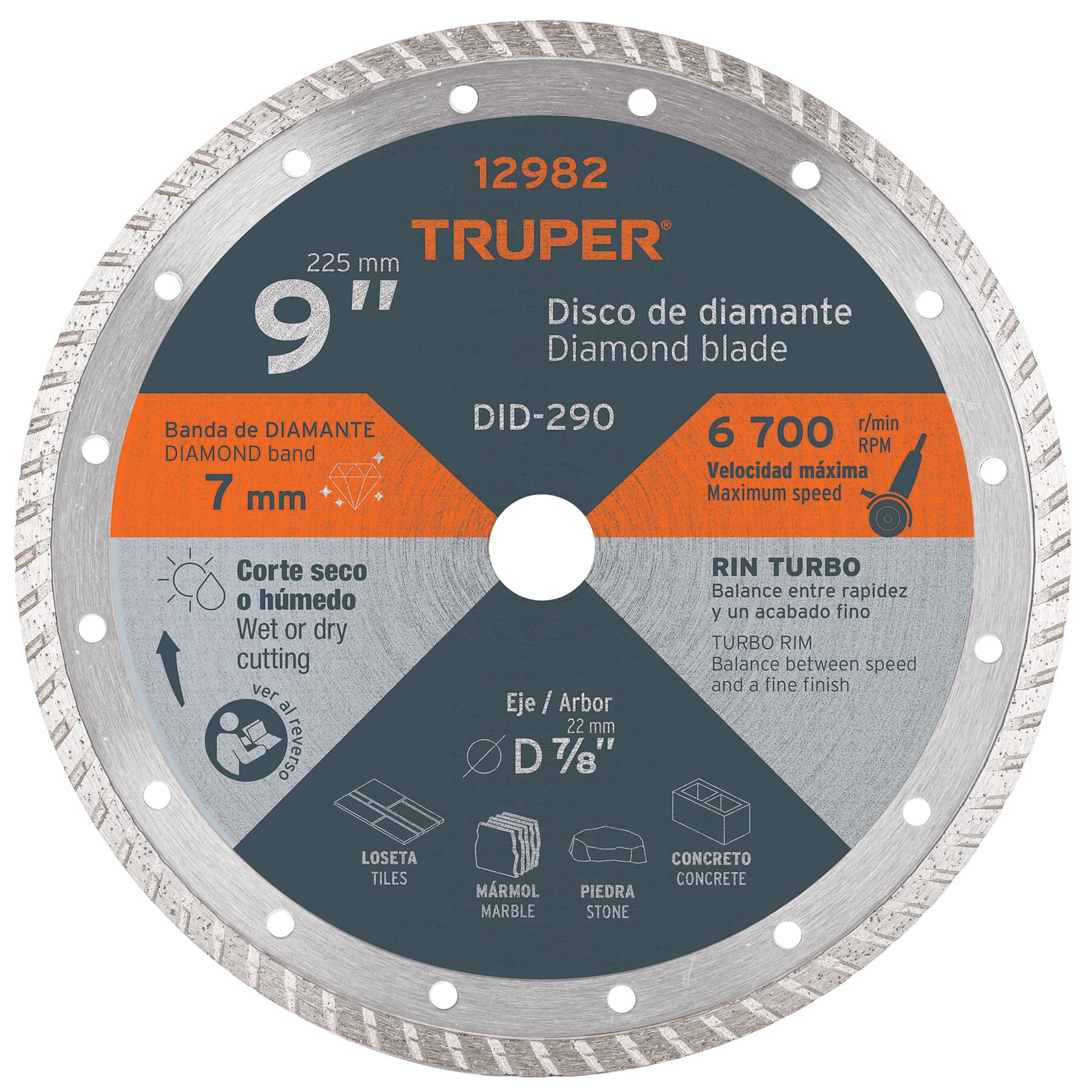Disco de diamante de 9' x 3 mm, rin turbo, TRUPER
