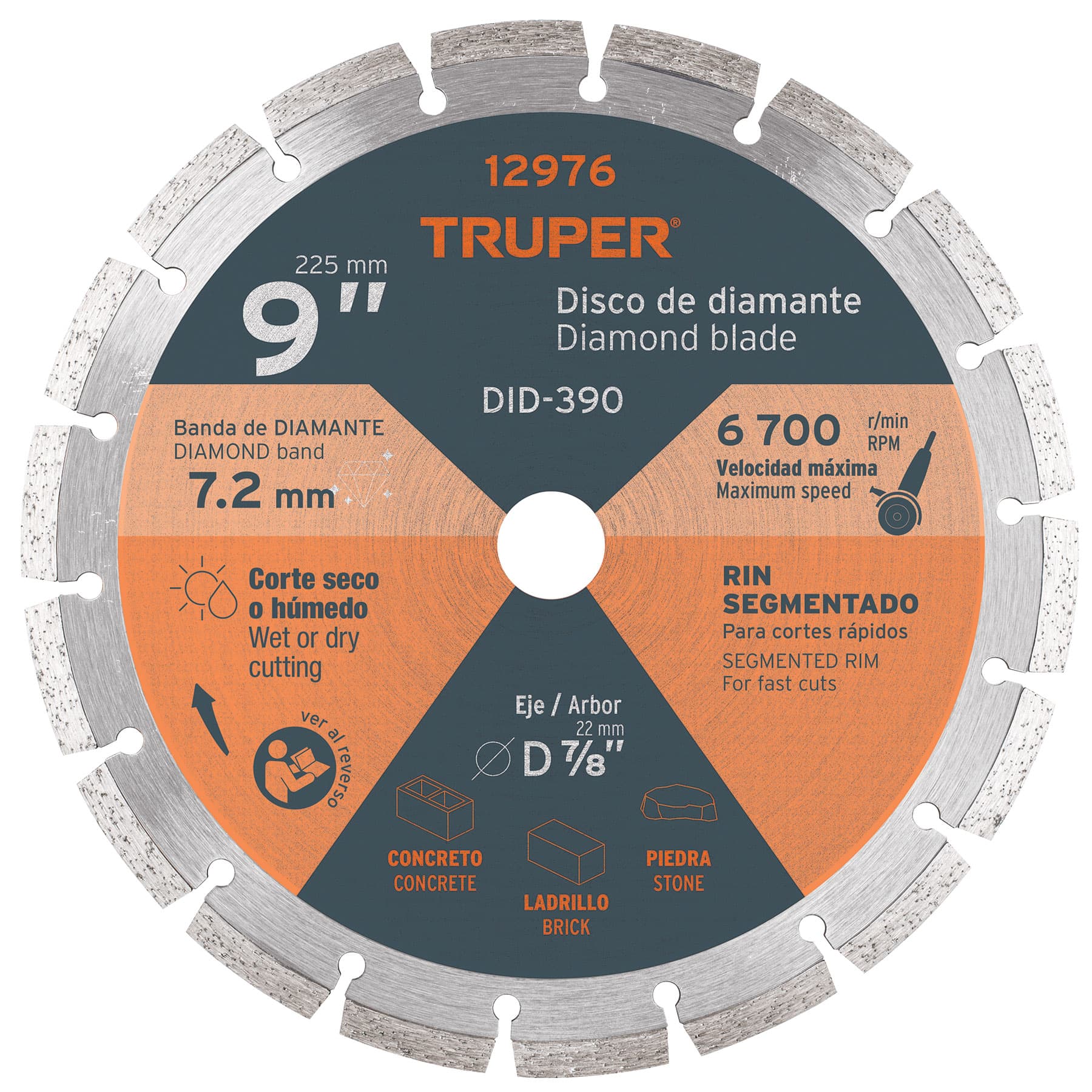 Disco de diamante de 9' x 2.7 mm, rin segmentado, TRUPER