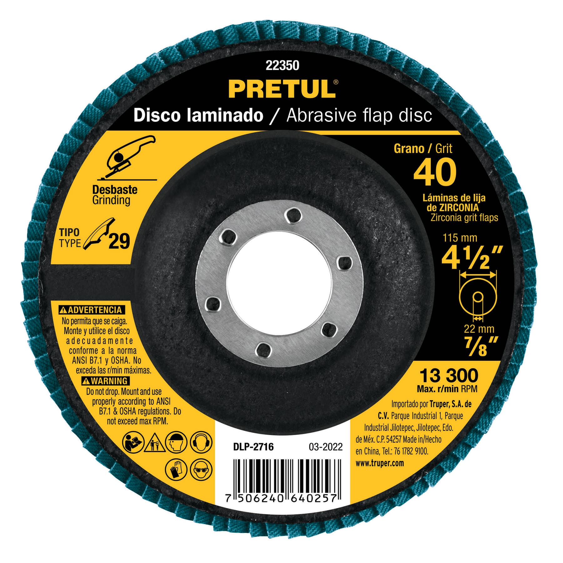 Disco laminado 4-1/2', grano 40 centro 7/8', fibra, PRETUL